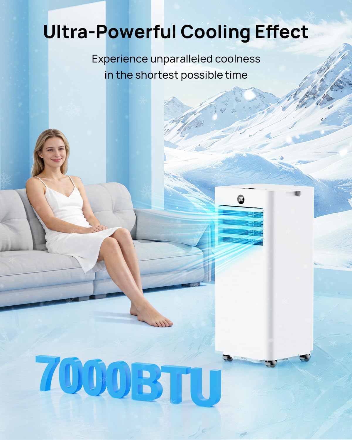 Klimaanlage Mobil 7000 BTU, Mobiles Klimagerät mit Abluftschlauch, Kühl-/Ventilations-/ Entfeuchtungs-/Schlafmodus 4-in-1, Digitalanzeige & Fernbedienung, 24H Timer, 360° Rollen, Inklusive Fensterset