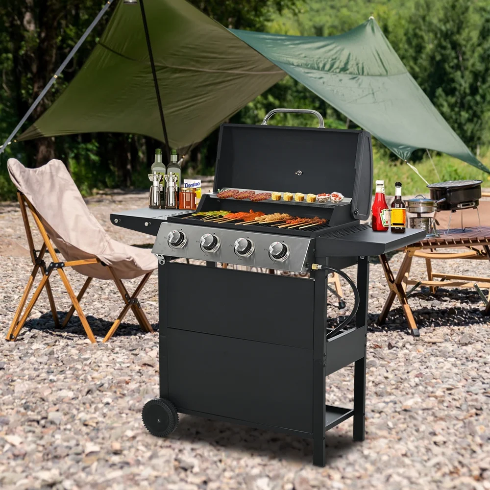 Grill gazowy SEGMART 2025 ze stali nierdzewnej z 4 palnikami – 34 200 BTU, do ogrodu/na taras z dwiema składanymi półkami i termometrem, idealny na kemping i do gotowania na świeżym powietrzu