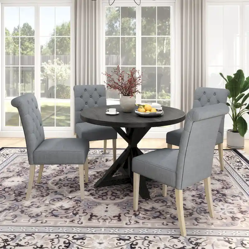 5 Piece Dining Table Set, Wooden Kitchen Furniture Set, Round Table with Cross-Buck Pedestal Base and 4 Tufted Chairs
