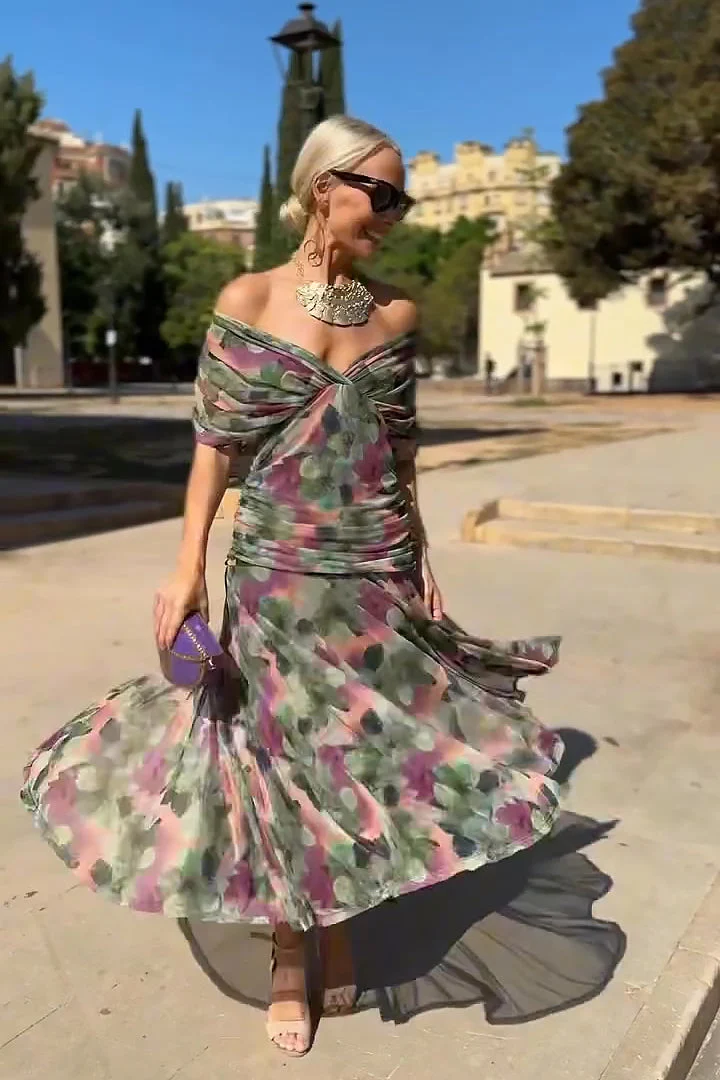 Elegantes schulterfreies Cocktail-Maxikleid mit Blumenmuster