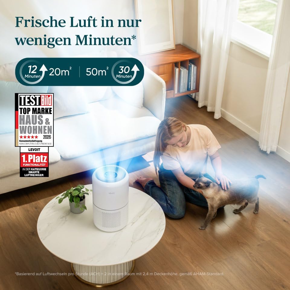Levoit Luftreiniger mit HEPA Luftfilter gegen 99,97 Prozent Schimmel Staub Pollen Tierhaare, Luftqualitäts-Feedback und Auto-Modus, CADR 240m³/h für Raucherzimmer, bis zu 50m², Weiß