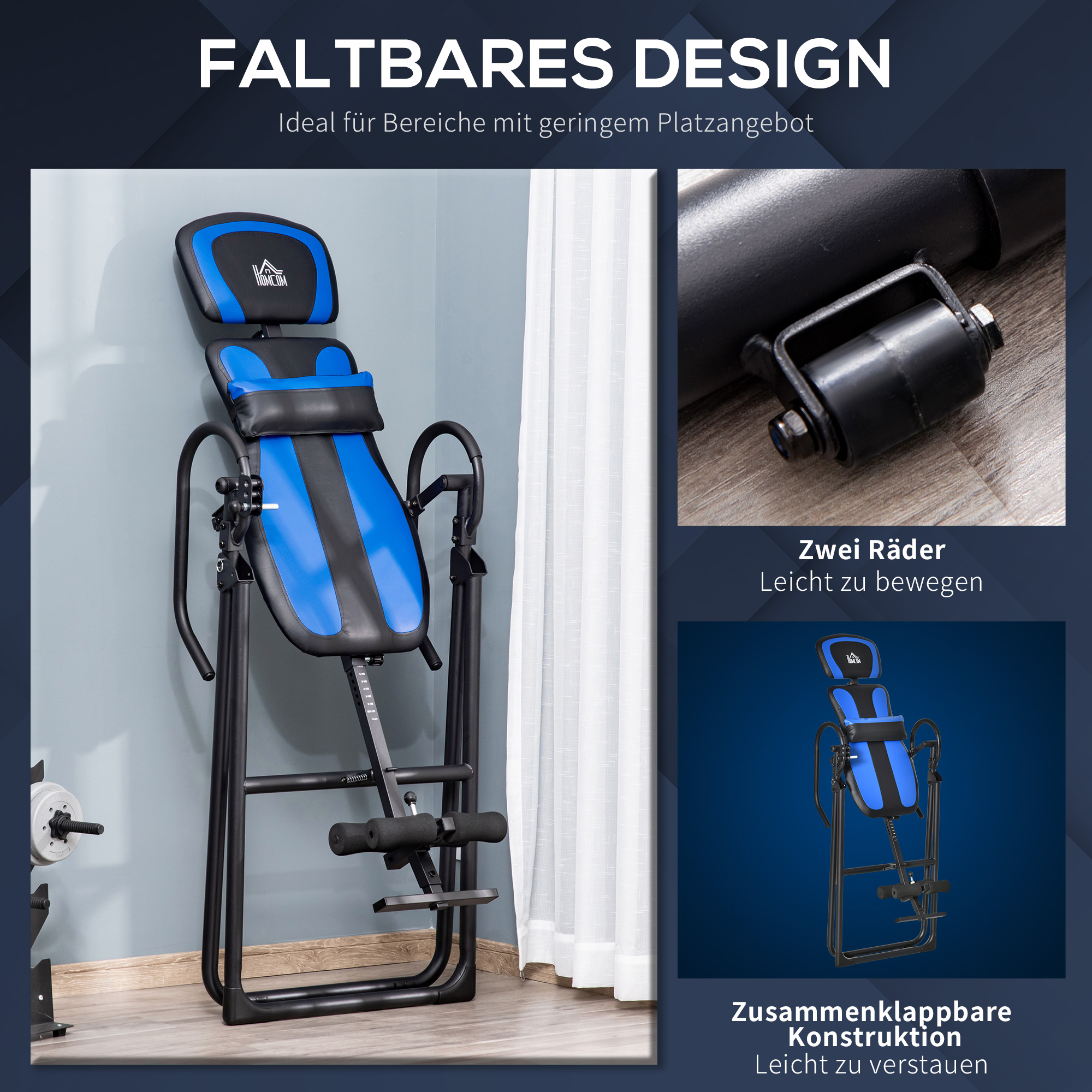 inversiebank opvouwbare zwaartekrachttrainer met twee beweegbare wielen set rugkussen metaal ABS zwart + blauw 132 x 71 x 145 cm