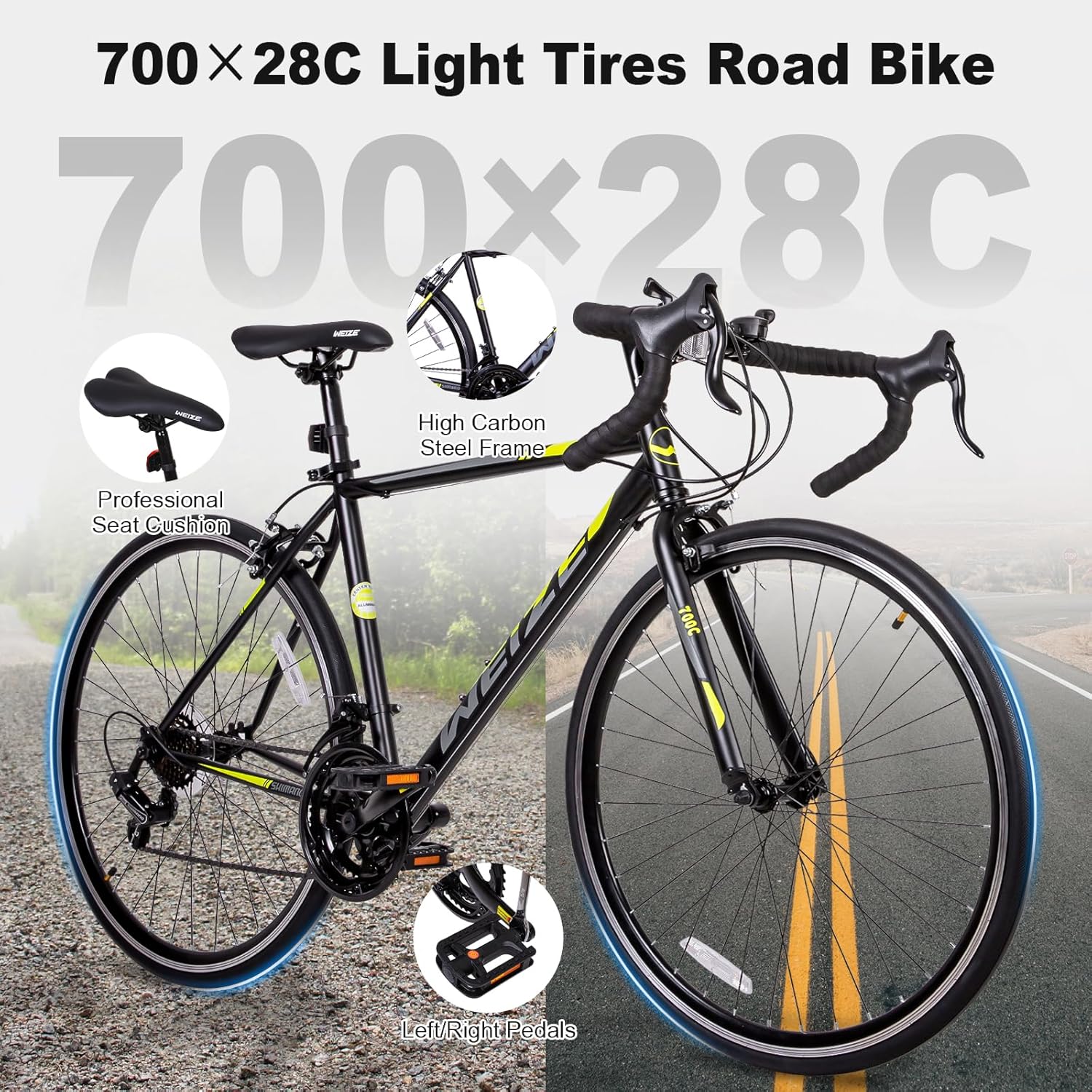 WEIZE Road Bike, 700C Wheel City Commuter Bicycle, Shimano 14 Speed Drop Bar, Racing Adult Bike with Caliper Brakes, High-Carbon Steel Hybrid Bikes