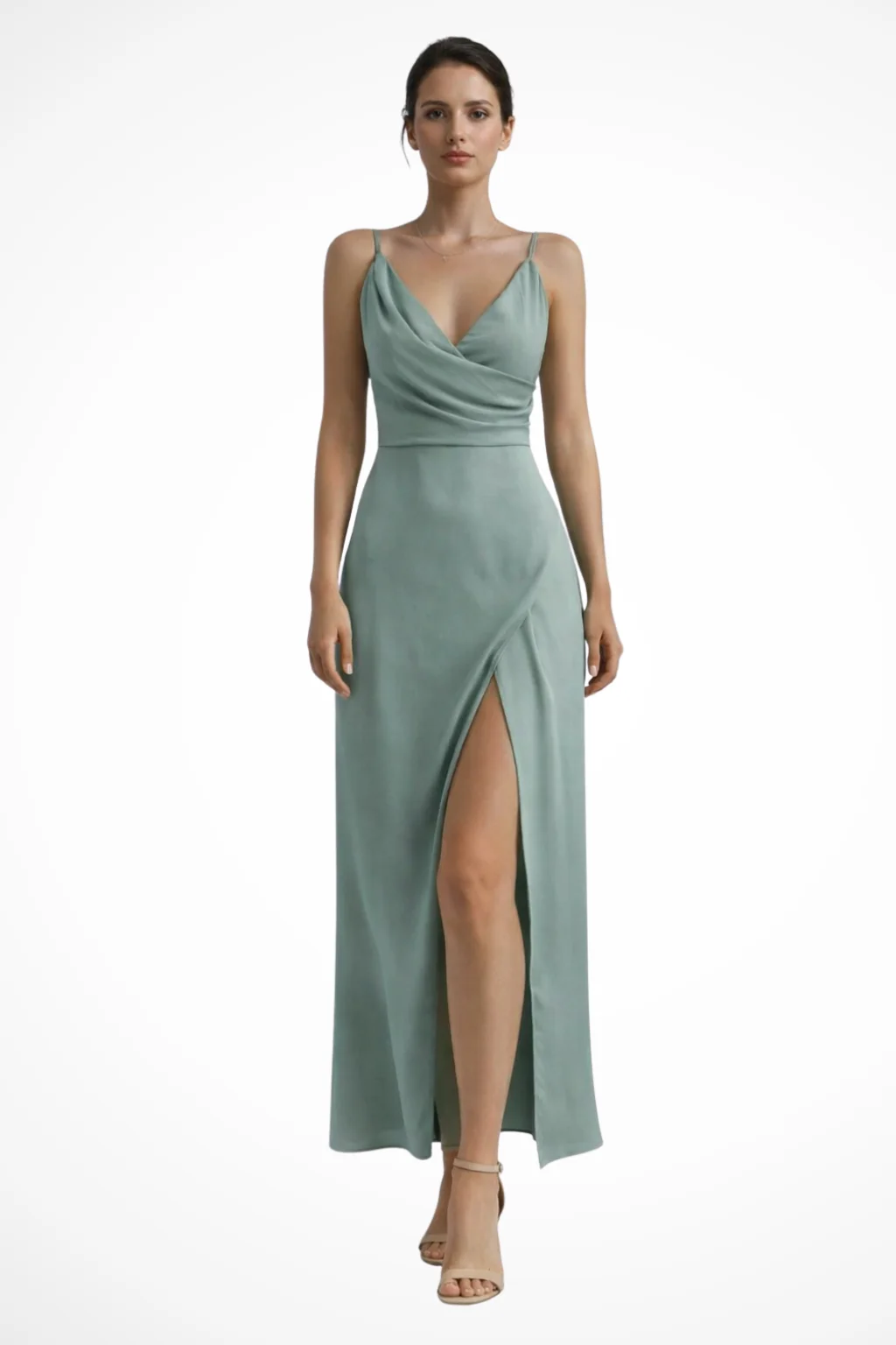 Damen Maxikleid f��r Hochzeitsg?ste | Abendkleid mit Beinschlitz und Wasserfallausschnitt | Langes Kleid mit Spaghettitr?gern