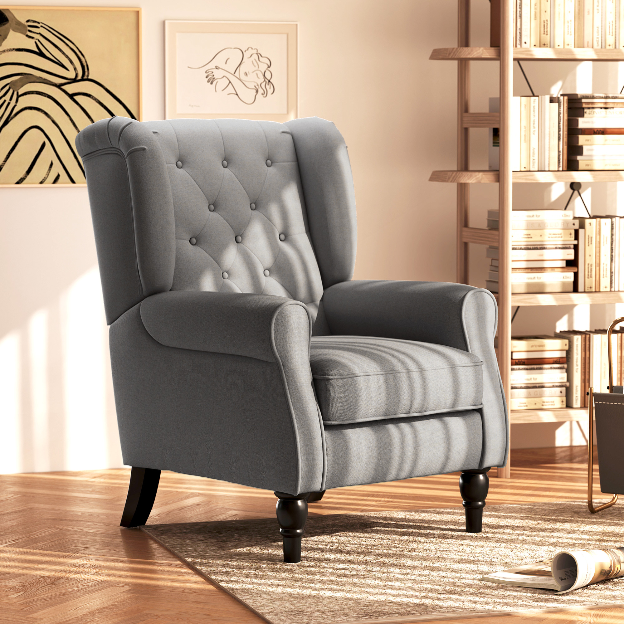 Elegante Oorfauteuil, Dik Gepolsterd, Afneembare Hoes, 74 x 86 x 102 cm, grijs+zwart