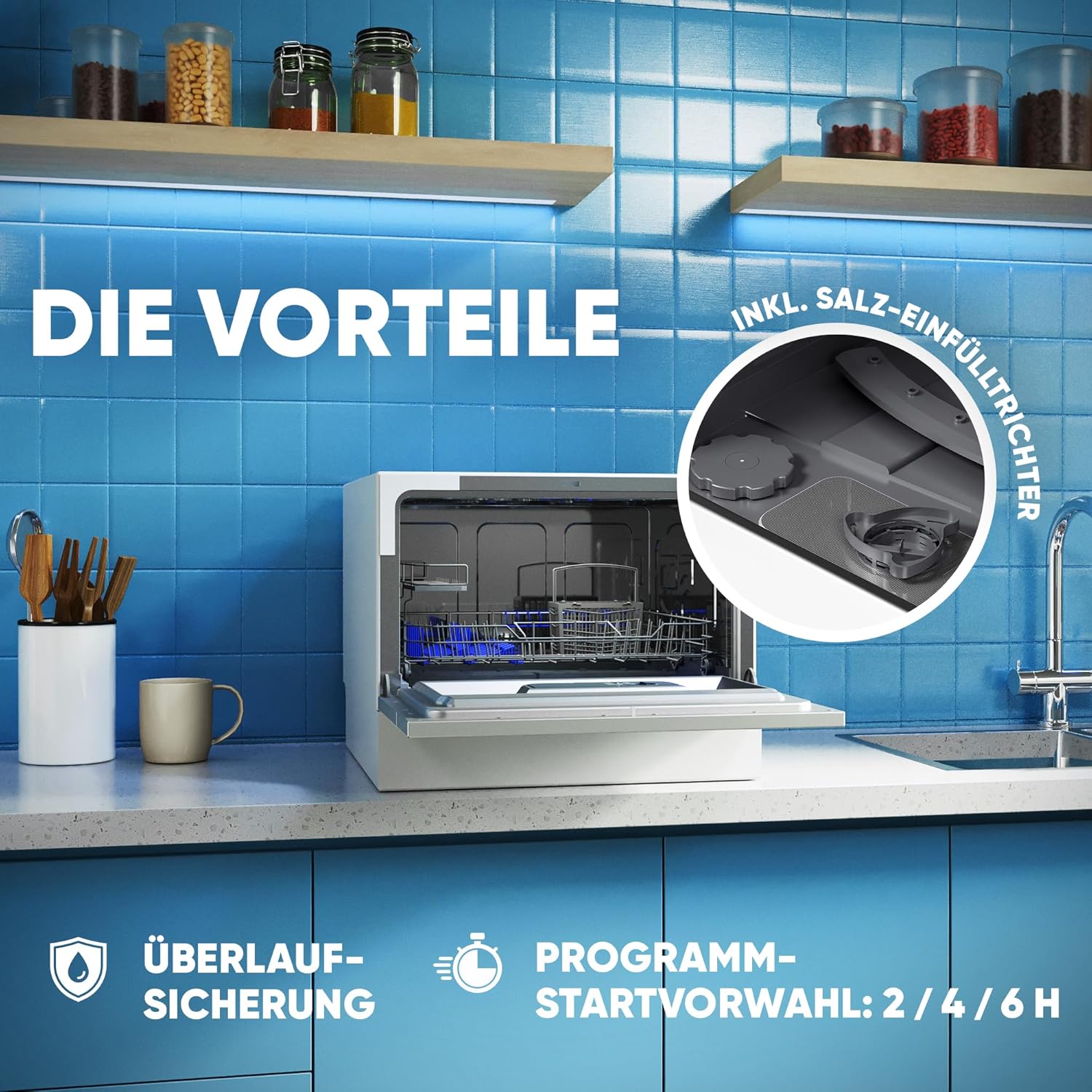 Bomann® Mini Geschirrspüler mit Wasseranschluss | inkl. Schlauch | Tisch Geschirrspüler leise | Mini Spülmaschine für kleine Küchen/Camping | Spülmaschine klein m. Überlaufsicherung | TSG 7405 weiß