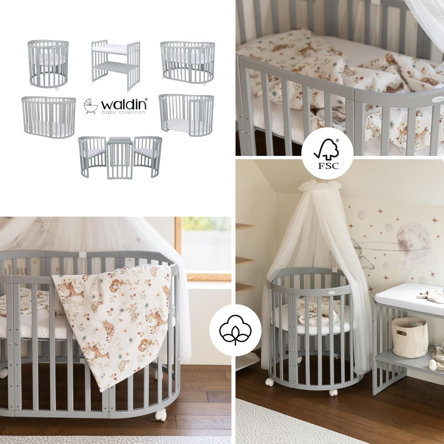 Waldin Oval Baby-Bett Mitwachsend Komplett Set 7in1, Gitterbett, Kinderbett mit Matratze, Wickelkommode, Beistellbett, Holz Weiß