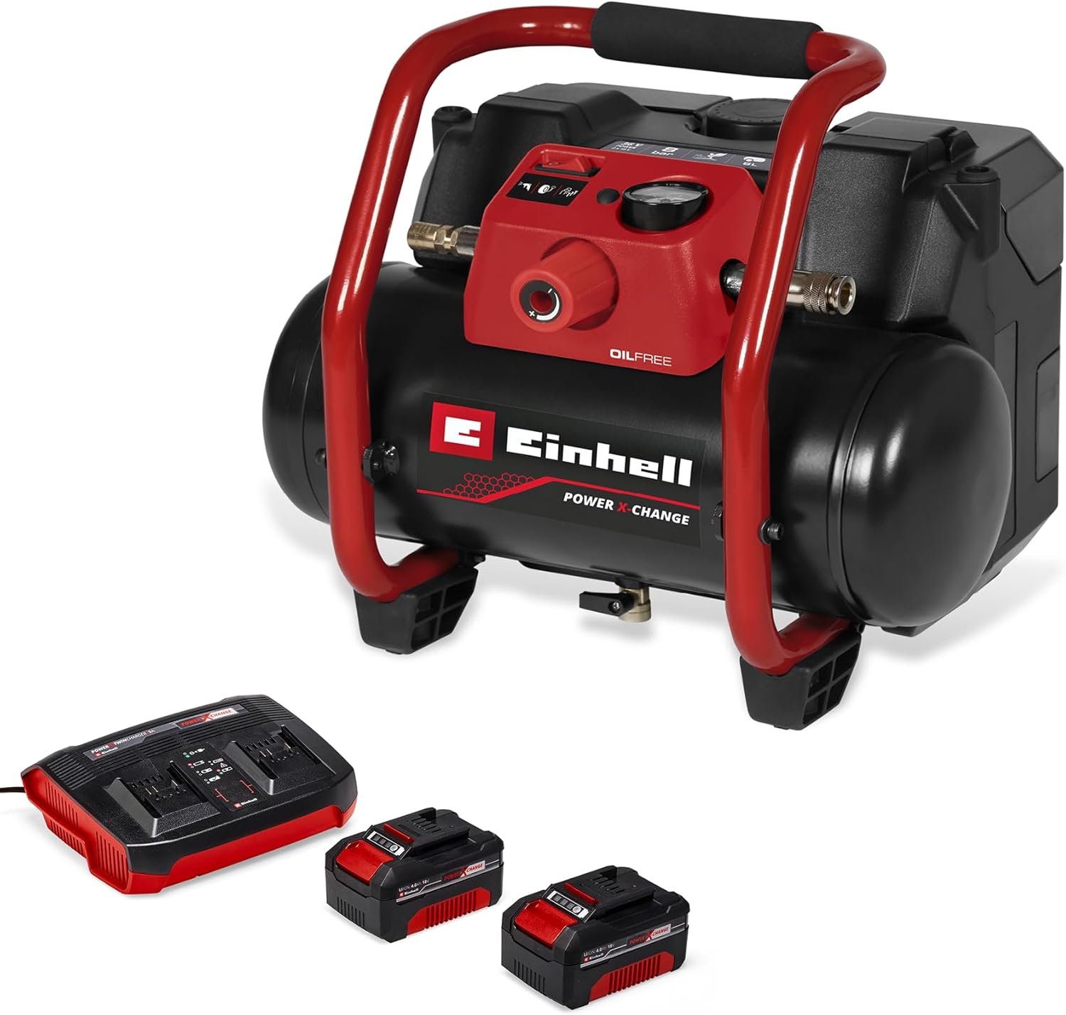 Einhell Akku-Kompressor TE-AC 36/150 Li OF Power X-Change (36 V, max. 8 bar, 6 l Tank, 150 l/min Ansaugleistung, Manometer, ölfrei, inkl. 2x 4,0 Ah Akkus, Twincharger)