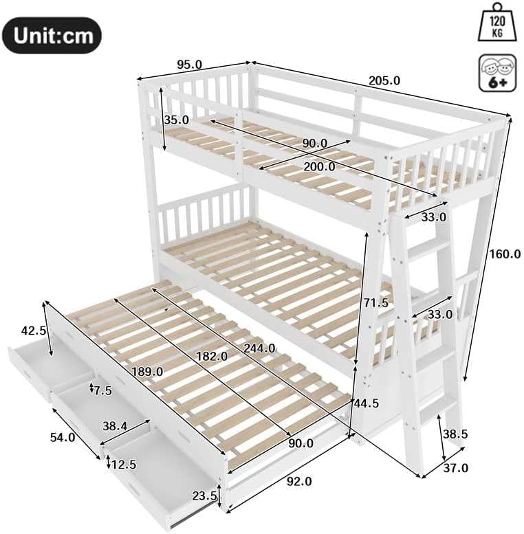 Etagenbett Kinderbett 90x200 cm mit Stauraum, Hochbett mit Leiter und Rollbett, Jugendbett Bettgestell mit 3 Schubladen, Holzbett Bett mit Rausfallschutz und Lattenrost, Ohne Matratze (Weiß)