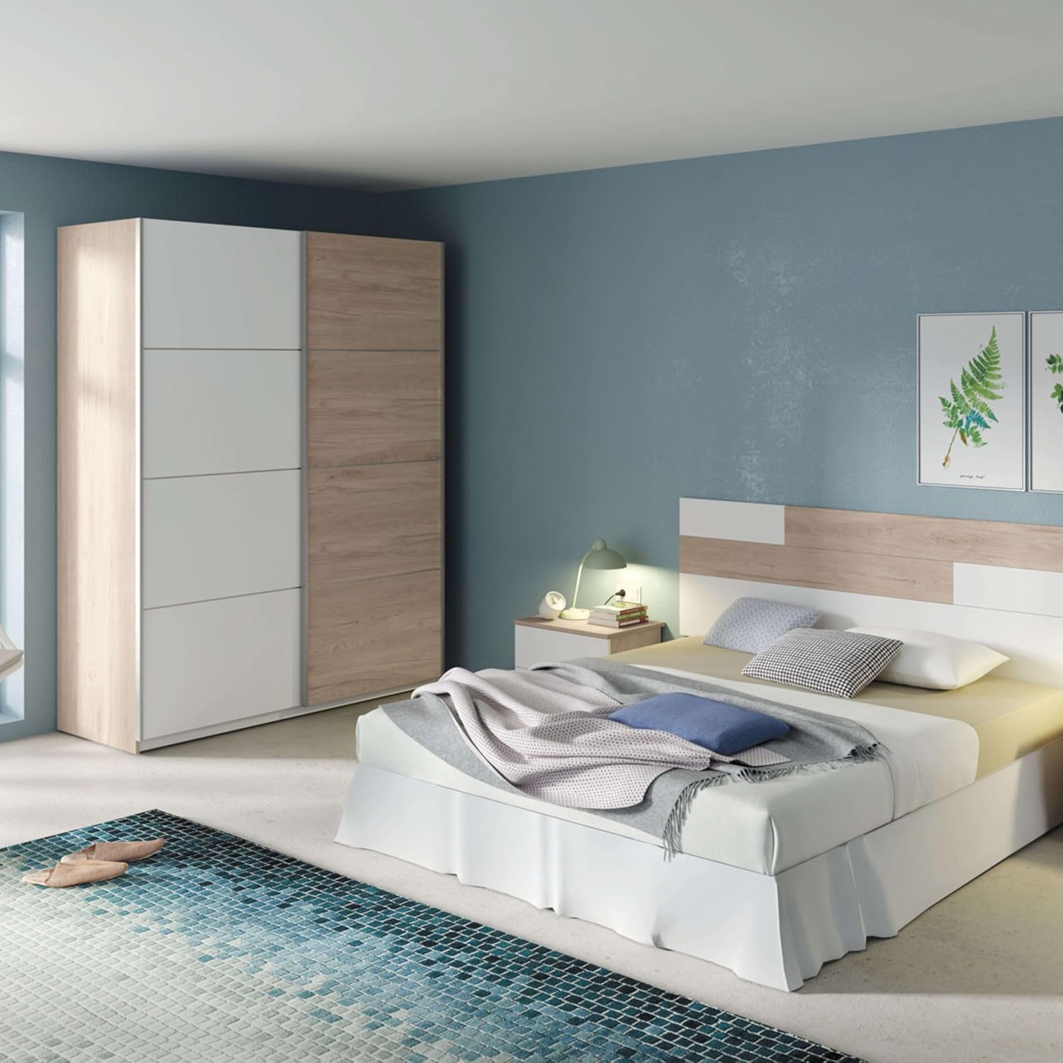 MUEBLES PITARCH | Bedroom Wardrobe Wardrobe 2 Sliding Doors Aluminium Profile 2 Bars, Aurora White and Oak, 200 x 150 x 62 cm (Height x Width x Depth), Modern, Onix Model