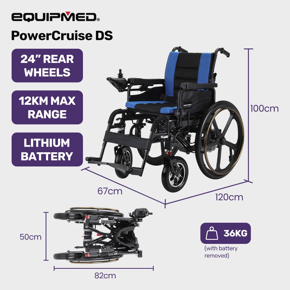 EQUIPMED Electric Wheelchair Folding, Long Range, Airline Approved, Lithium Battery, 24