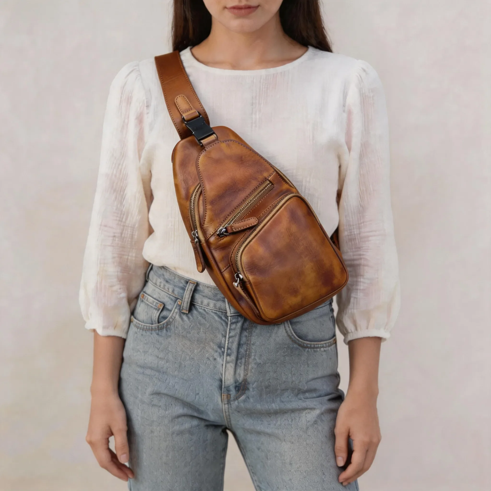 Metal Buckled Full Grain Leather Sling Bag Crossbody Purse