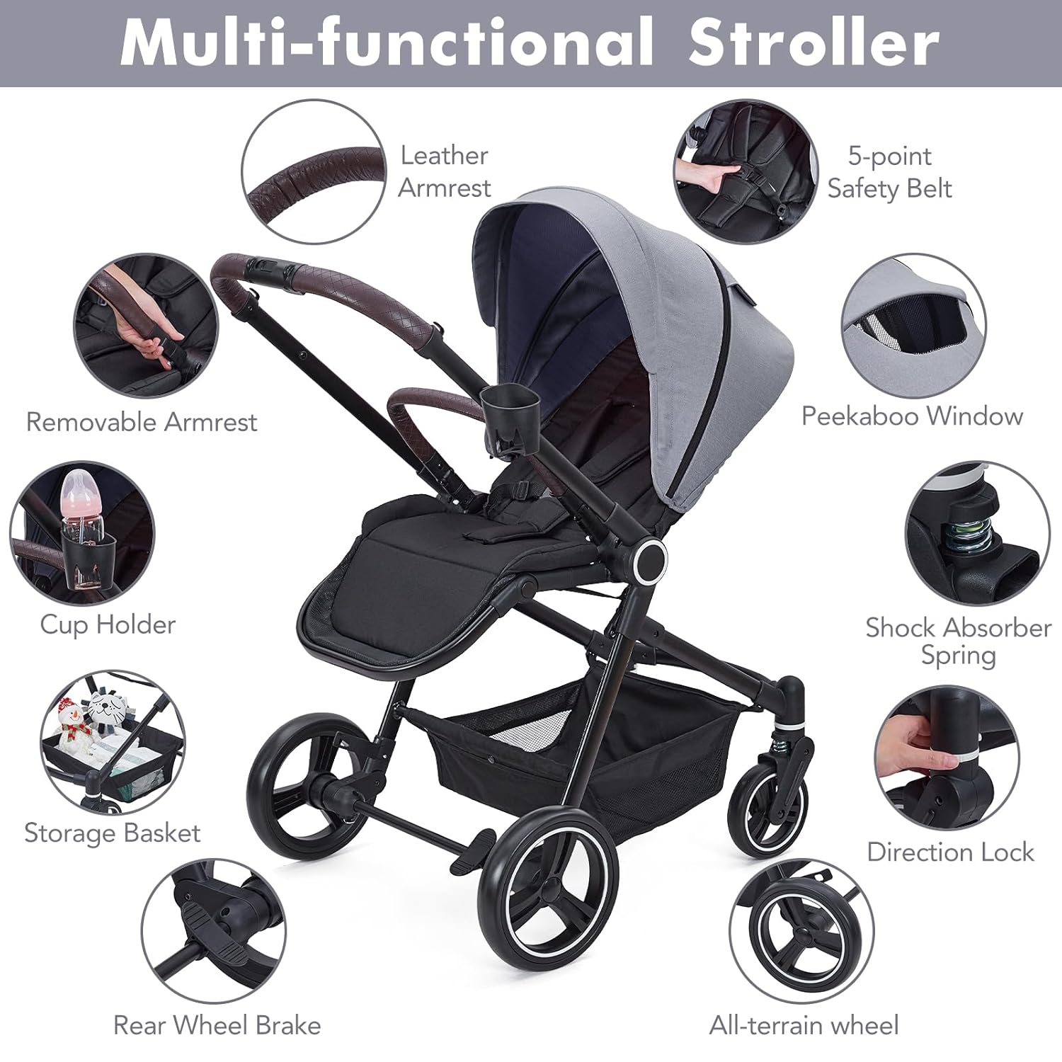 3 in 1 Kinderwagen Set mit umkehrbarem Sport-Sitz, Babywanne & Buggy – Ein-Klick-Zusammenklappbar, Leicht & Tragbar mit Großem Regenschutz