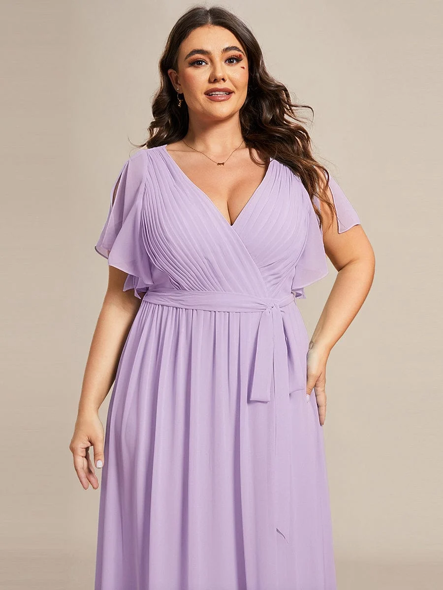 Abendkleid Damen Maxi A-Linie aus Chiffon | Festliches Kleid f��r Hochzeitsg?ste mit V-Ausschnitt und Fl��gel?rmeln