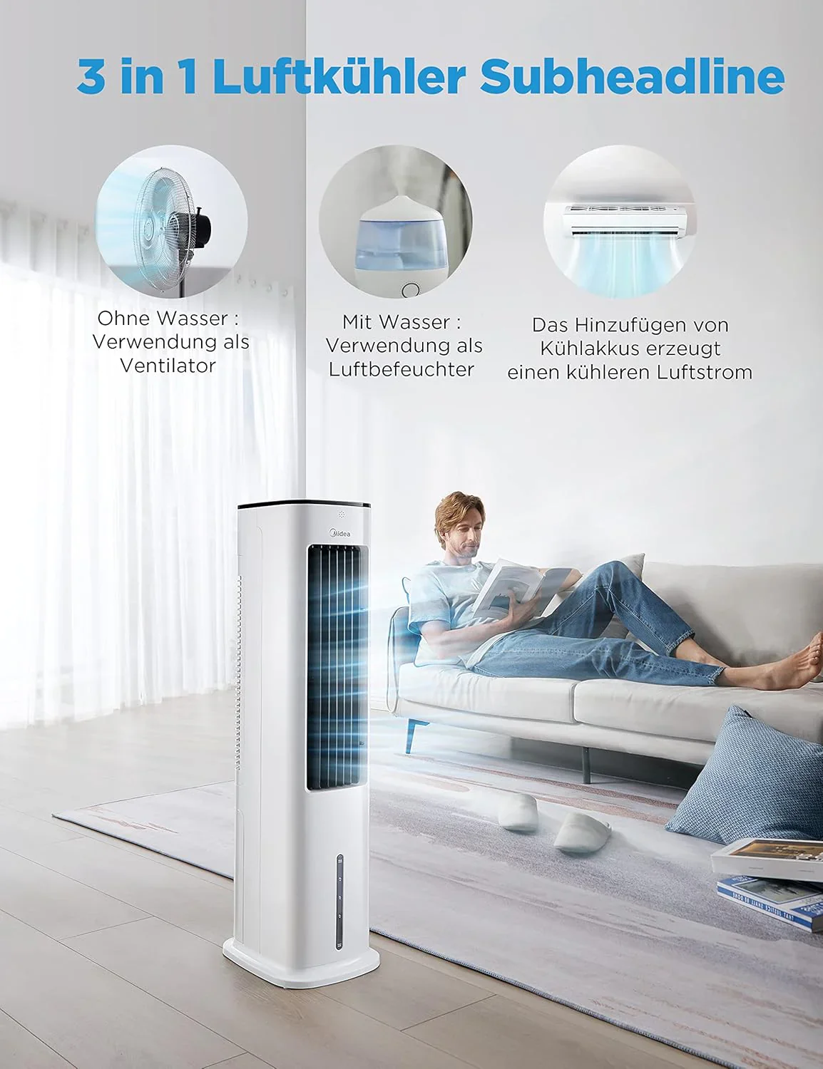Midea Luftk��hler mit Wasserk��hlung, Klimaanlage Mobil, Ventilator mit 5L Wasserk��hlung, Luftbefeuchter und Ionisation, Klimaanlage Ohne Abluftschlauch, 355m/h, Ventilator mit Fernbedienung,55W,Wei
