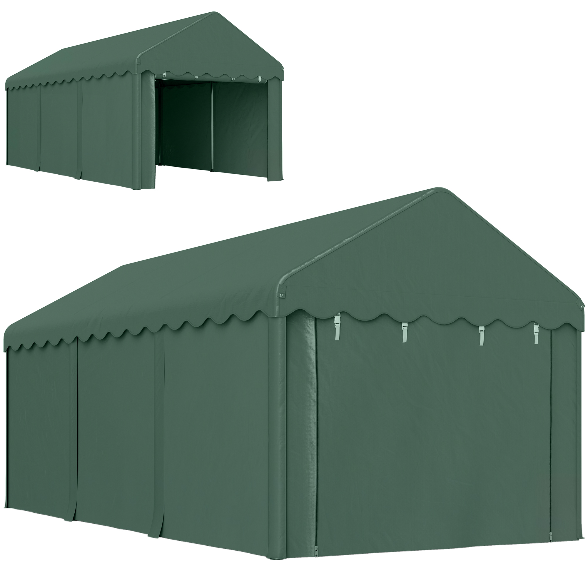 Outsunny 3x6 m Draagbare Carport, Voertuigonderstand met 2 Ingangen, Polyester Dak, voor Auto's, Boten, Tuingereedschap, Donkergroen