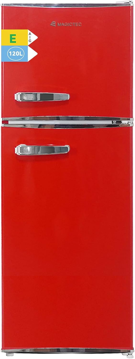 magictec Retro Kühlschrank mit Gefrierfach | 120L(88L/32L) | Low Frost | Kühl Gefrier Kombination | Vintage Design | LED Beleuchtung | Rot