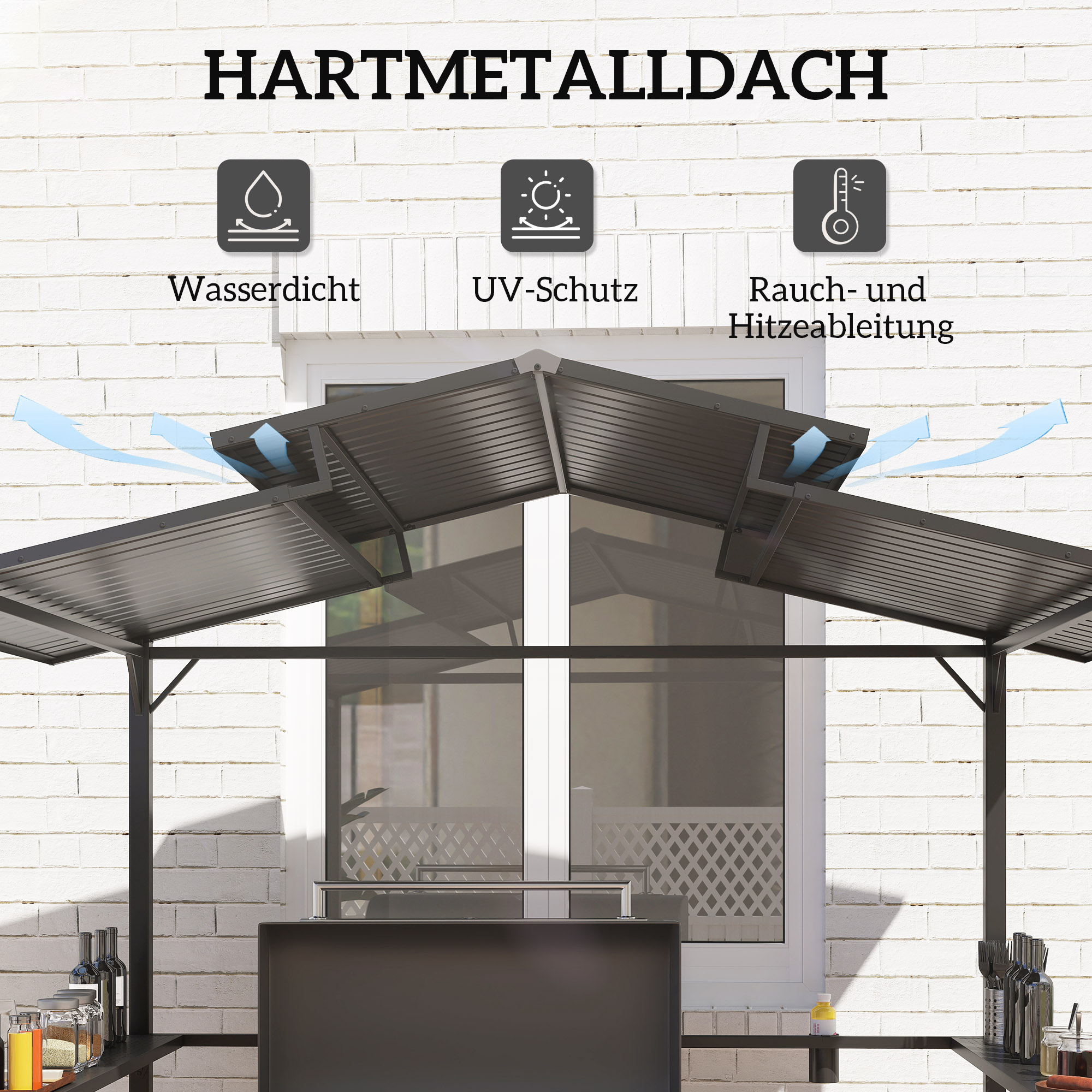 Grillpaviljoen 250 x 160 x 250 cm Waterdicht Tuinpaviljoen met Dubbellaagdak en Zijplanken, Zwart