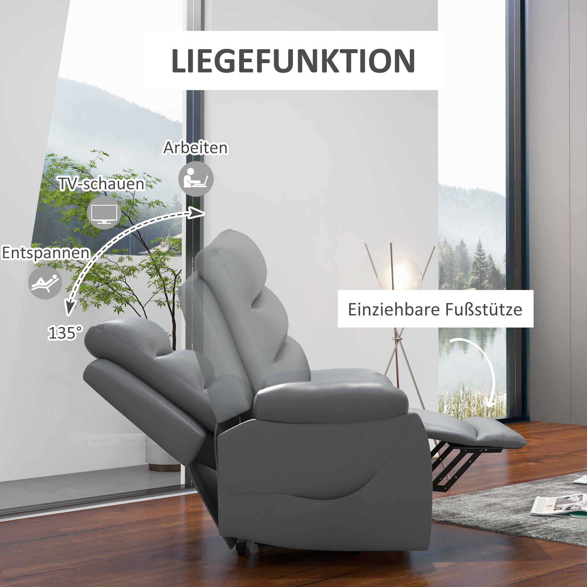 Relaxstoel met Opstahulp, Massagefunctie, Tot 180 kg, Kunstleer, Grijs