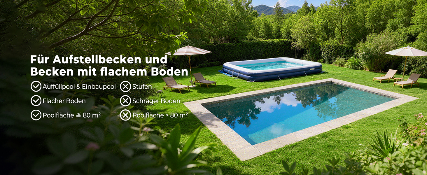 Der Text lautet „Für Aufstellbecken und Becken mit flachem Boden“. Luftaufnahme einer rechteckigen Schwimmbadanlage in einem grünen Hinterhof.
