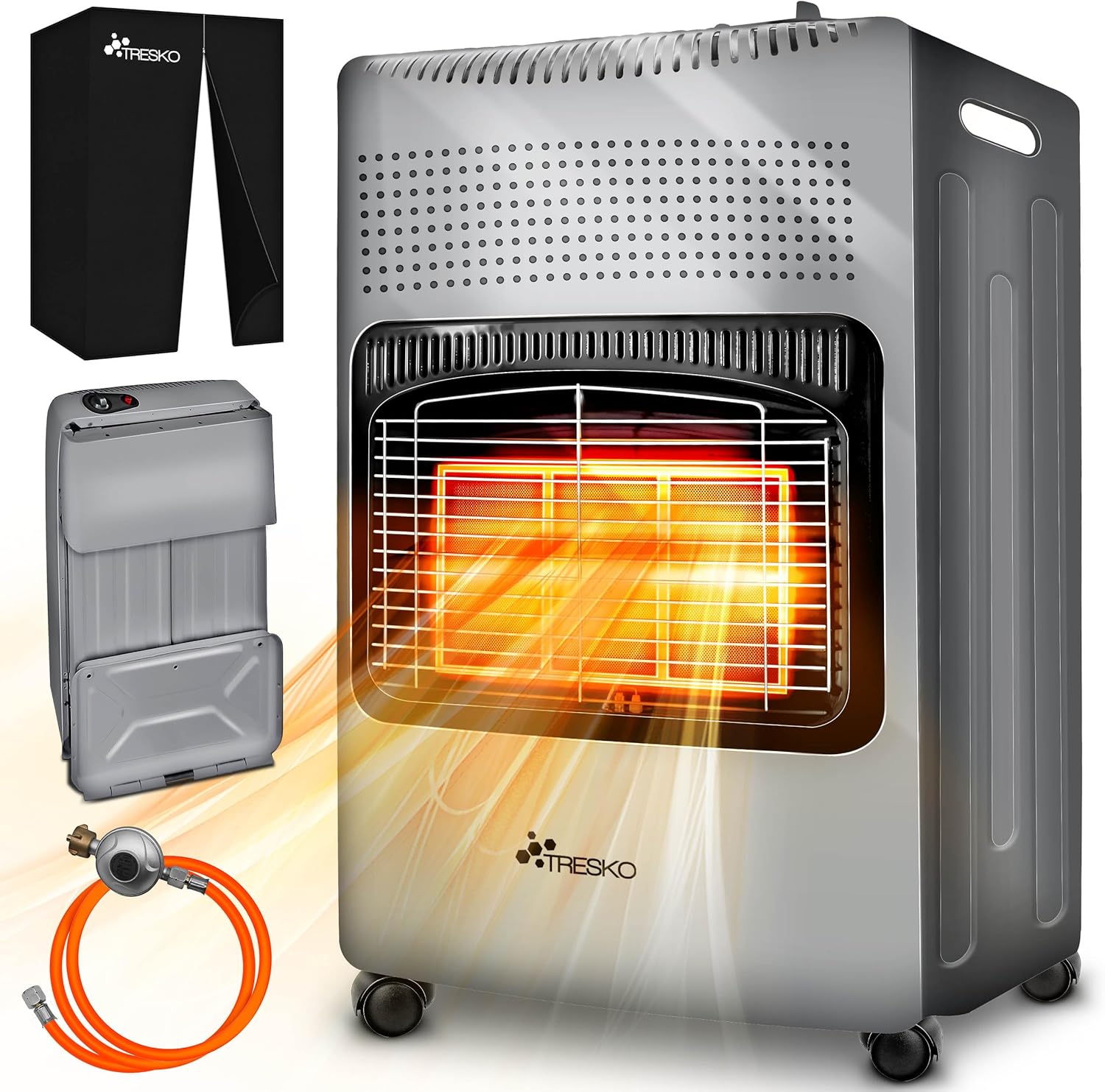 TRESKO 4200 Watt Gasheizung inkl. Gasdruckregler Gasschlauch + Abdeckung | Gasheizer Gasofen Gasheizofen mit 3 Stufen | Infrarot Gasheizgerät (Grau)