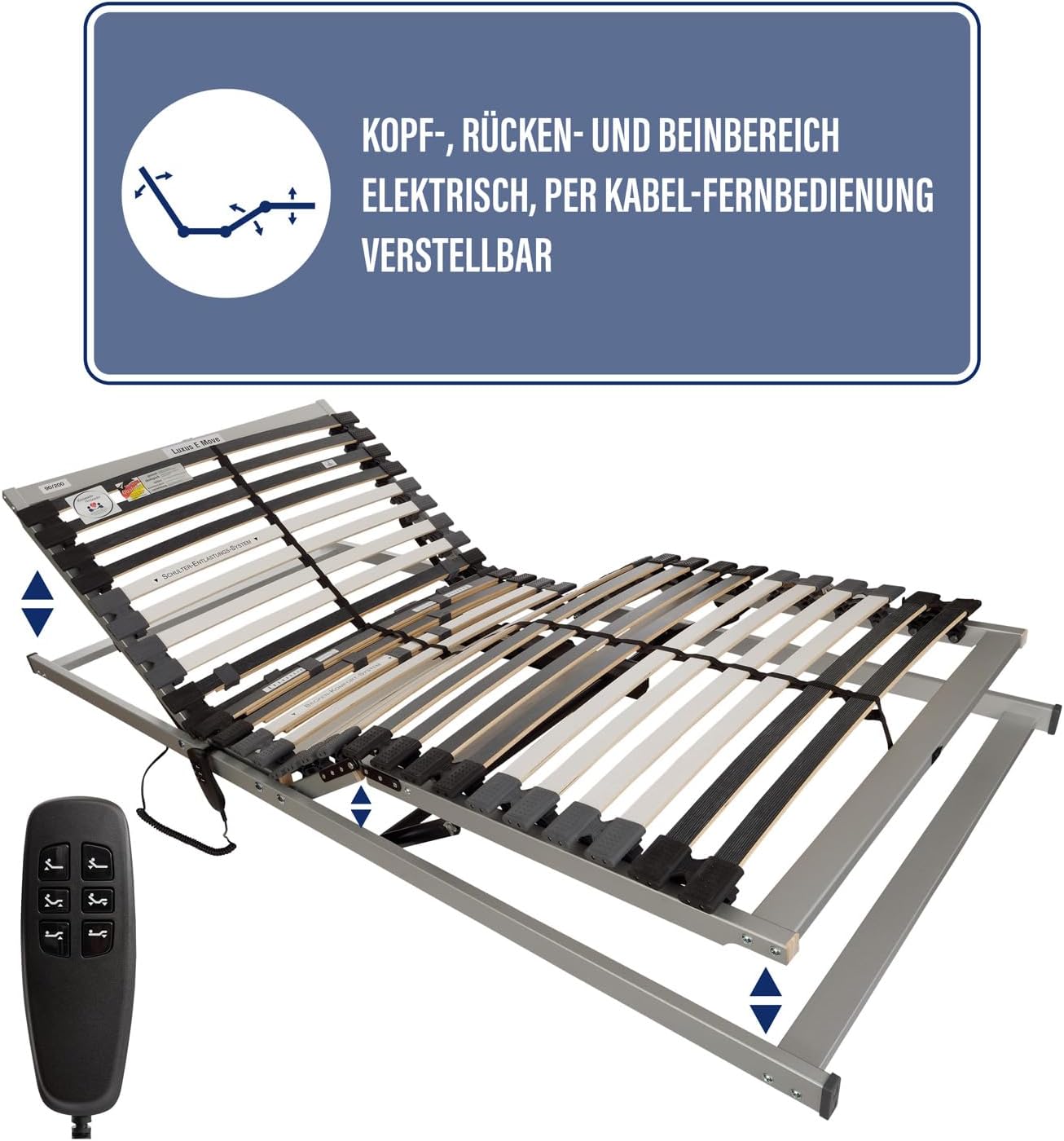 BeCo Lattenrost, Luxus E-Move, elektrischer Lattenrost, 100 x 200 cm, 28 Federholzleisten, komplett montiert, Kopf-und Fußteil verstellbar, TÜV geprüft, Made in Germany