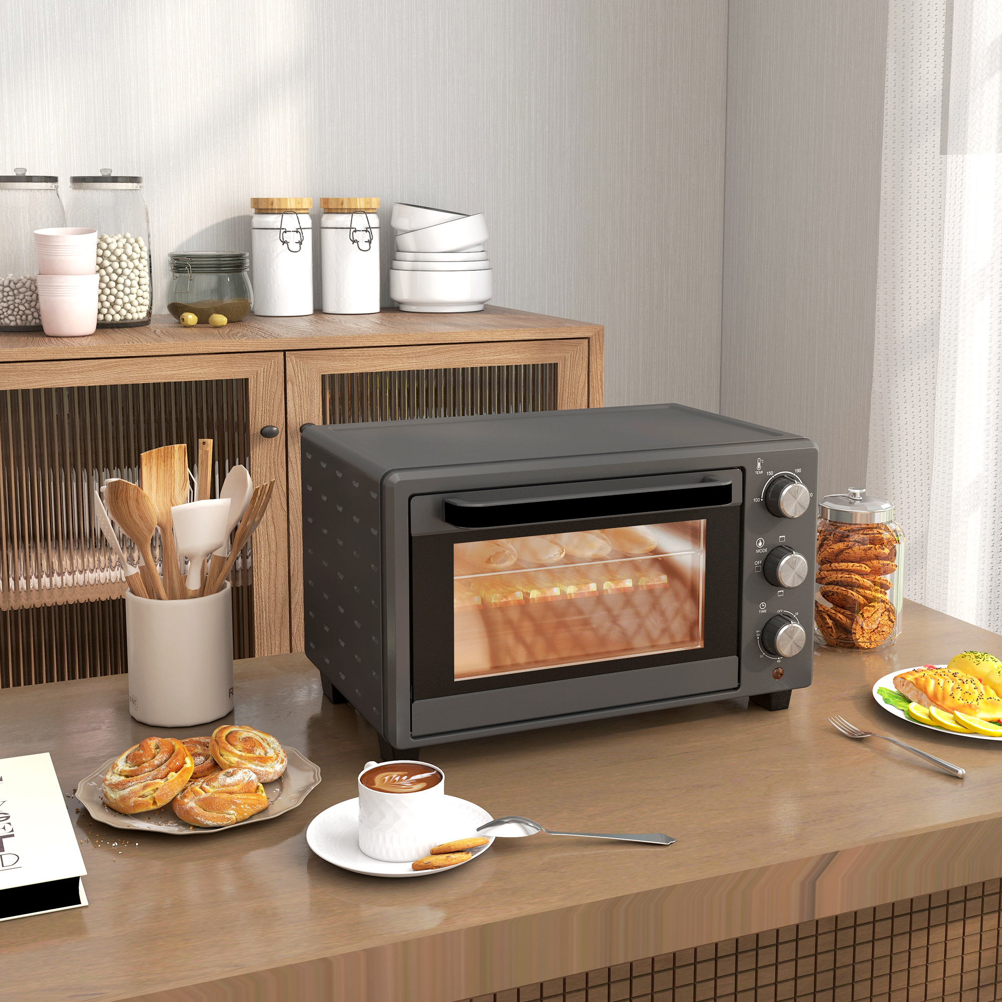 Minibackofen, 21L Toasterofen met 1 Draadrek en 1 Bakplaat, 3 Kookmodi, 100 ��C-230 ��C, Roestvrijstaal, Glas, Grijs