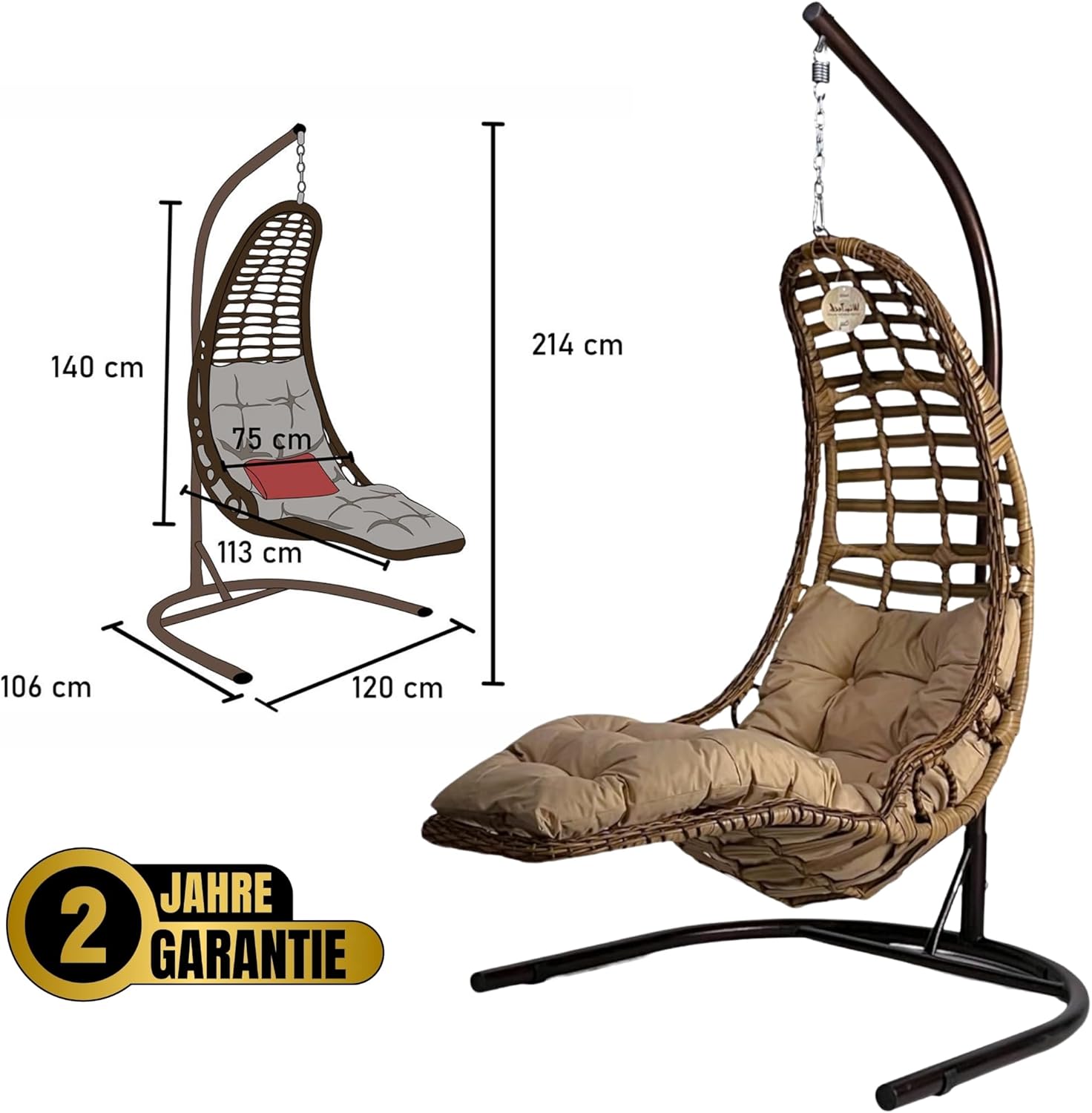 Hängesessel mit Gestell & Kissen Handgeflechtet Hängestuhl Rattan Hängematte Hängekorb Garten Balkonmöbel Hängeschaukel Bodrum (Hellbraun)