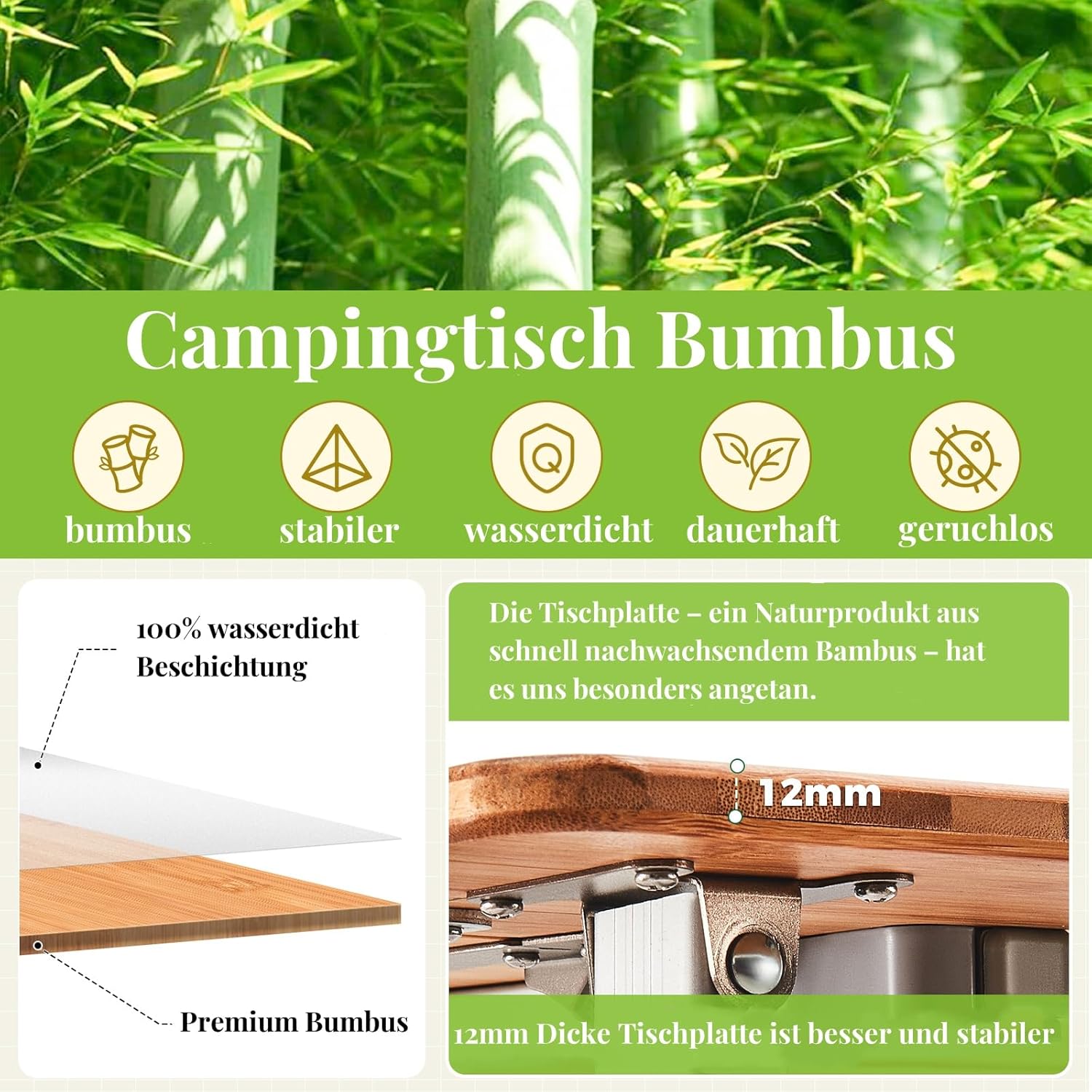 KingCamp Campingtisch Bambus Klapptisch höhenverstellbar (45/52 / 65 cm) für 4-6 Personen Campingtisch klappbar 4 Falten mit Tragetasche belastbar bis 80 kg,100 x 65 cm,L