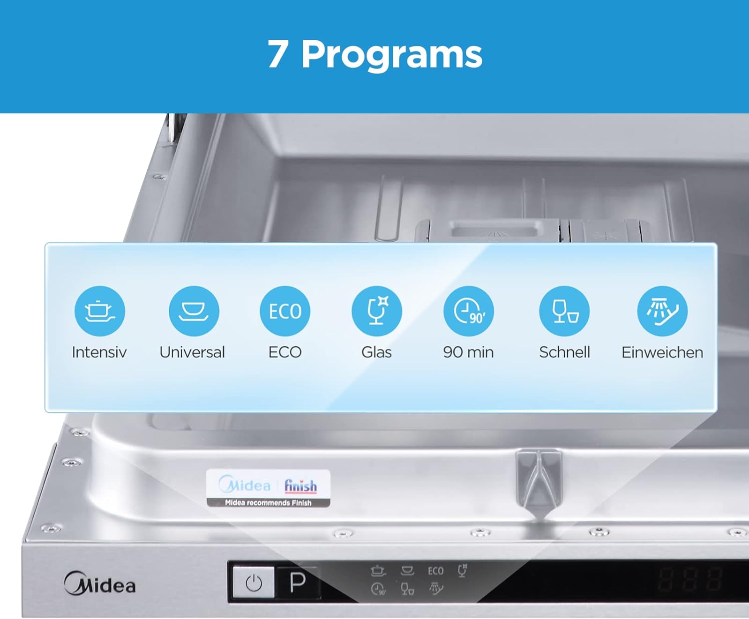 Midea Geschirrspüler Unterbau MDWEU1435XSS-W, 14 Maßgedecke, Spülmaschine 60 cm Teilintegrierbar mit WIFI, Extra Trocknung, 7 Programme, 47dB, 0-24h Startzeitverzögerung, Inox