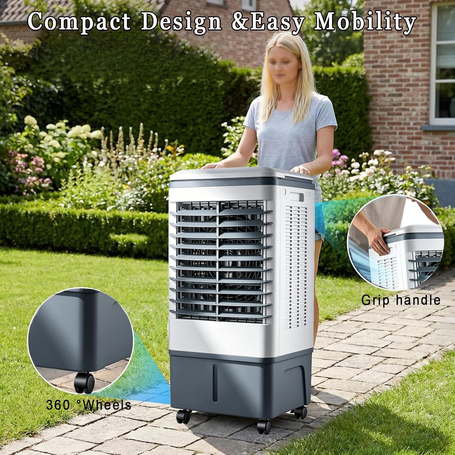 Klimaanlage Mobil 80W, 1-seitiger Klimaanlage Ohne Abluftschlauch, 3 Modi, 20L Abnehmbarem Tank, 60/120° Oszillation, 7.5h Timer, Leise, Fernbedienbar, Verdunstungskühler für Zuhause Schlafzimmer