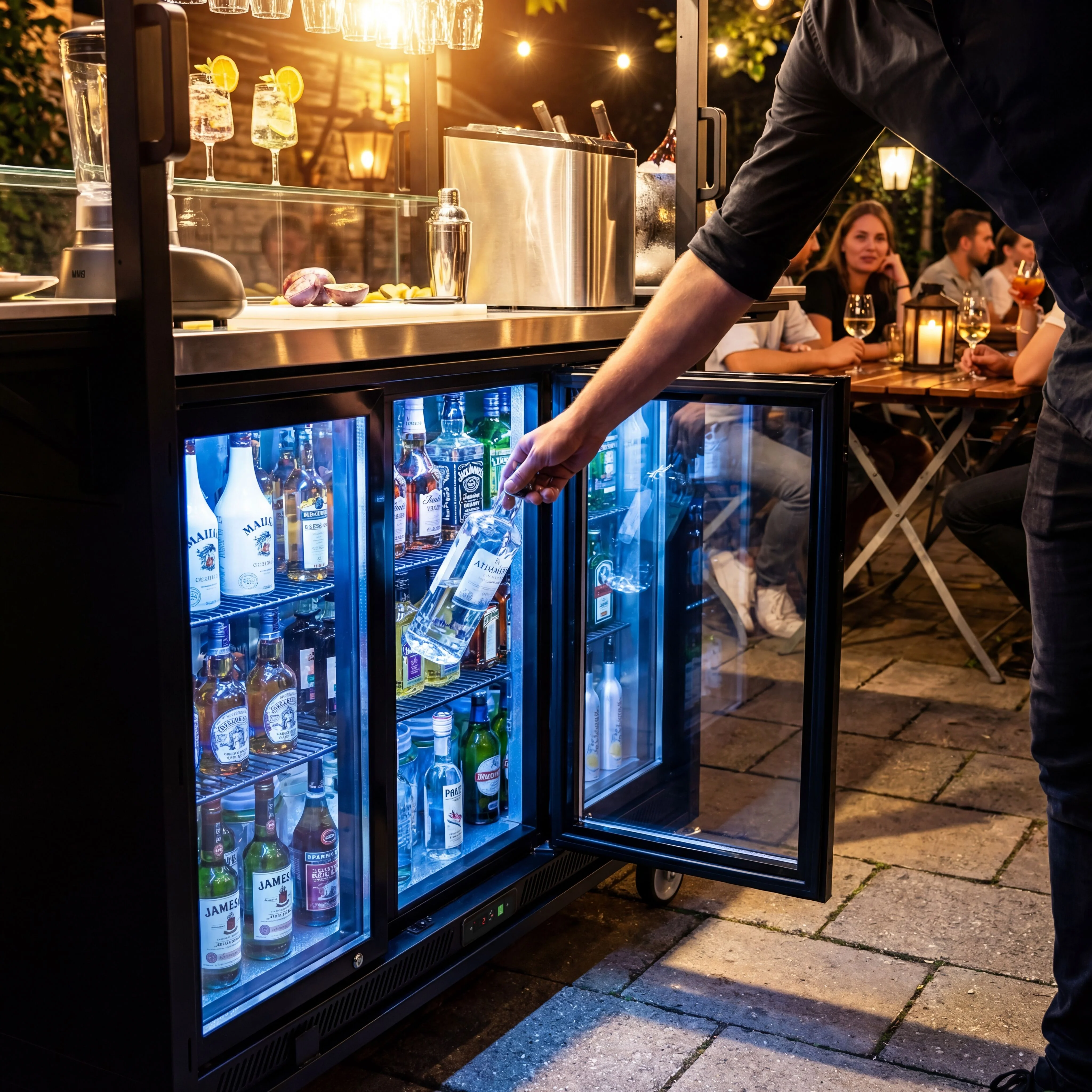 Mobil cocktailstasjon - med barkjøleskap, arbeidsflate, glassplate og LED-belysning - hengslet