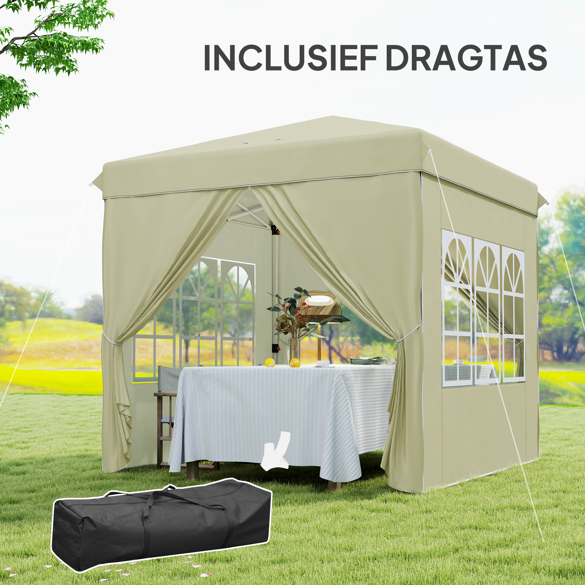 2,5 x 2,5 m Pop-up paviljoen met zijwanden en draagtas, UPF50+ in hoogte verstelbaar tuinpaviljoen, Cr��mewit