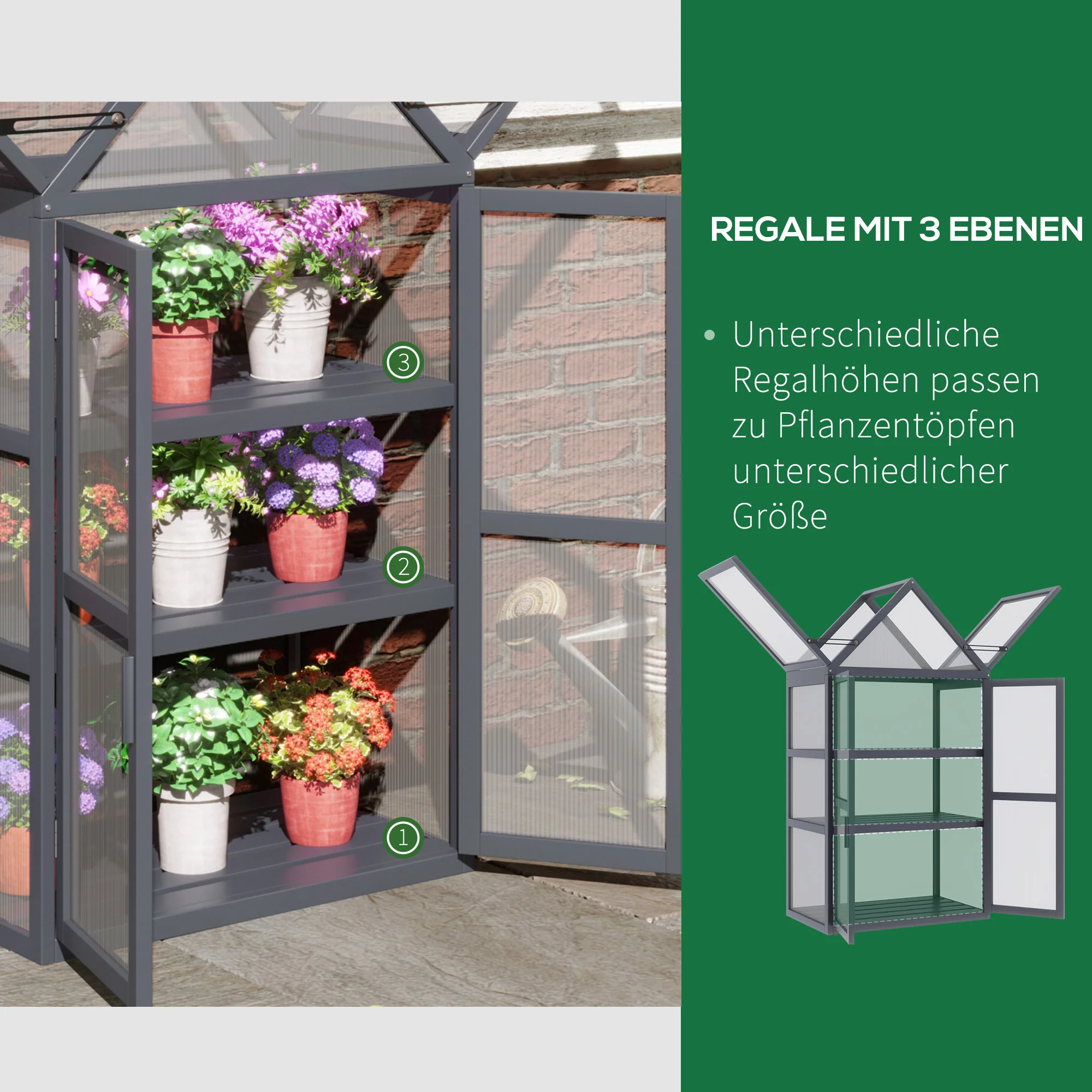 Outsunny kas met 3 planken, massief hout, behuizing van polycarbonaat, grijs, 70,5 x 42 x 132 cm