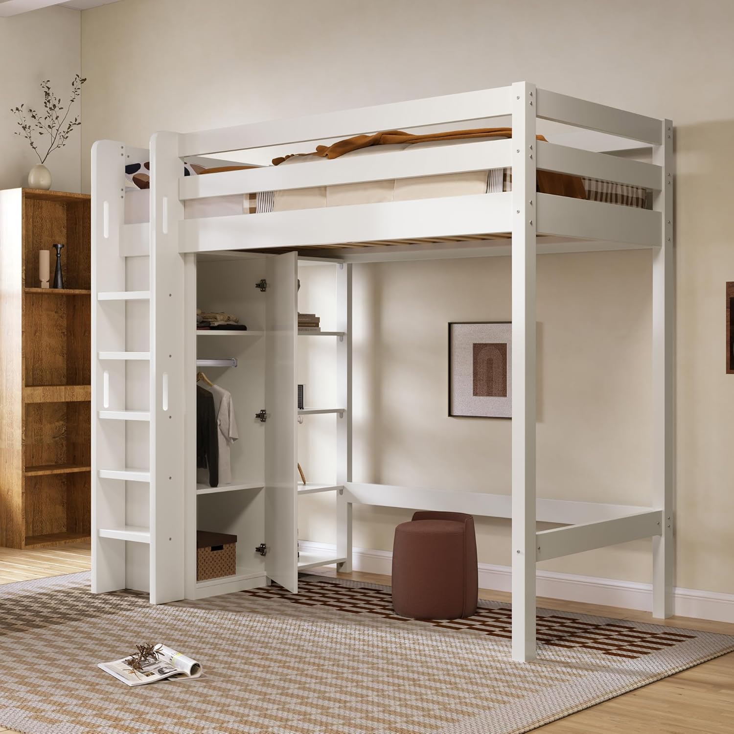 Hochbett Kinderbett 90x200 cm mit Kleiderschrank, Etagenbett Bett mit Stauraum Regalen, Einzelbett mit Leiter und Rausfallschutz, Jugendbett mit Lattenrost, Ohne Matratze, Weiß