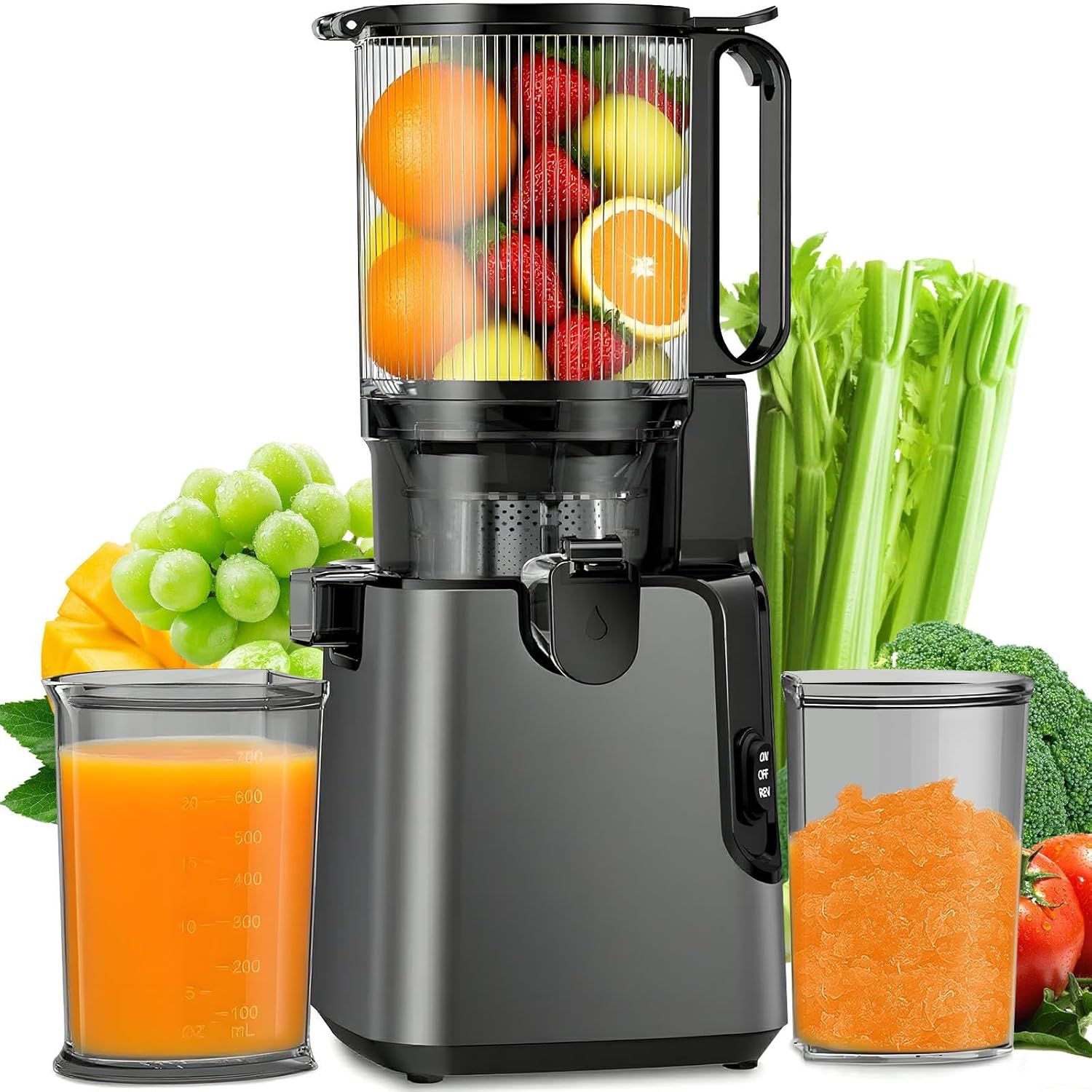 Slow Juicer with Large Feed Chute and High Yield, 400W, Easy-Clean, Grey