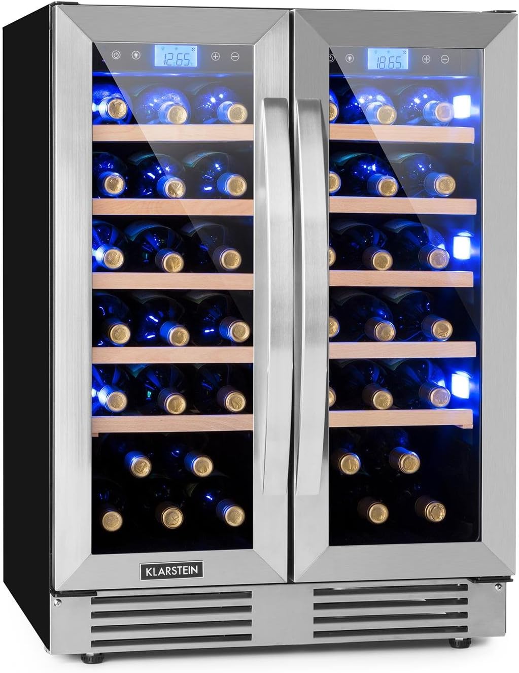 Klarstein Vinovilla Duo42, Cave à vin, Réfrigérateur à boissons, Volume: 126 L, 2 x 5 layettes en bois, Éclairage intérieur à LED en 3 couleurs sélectionnables, 2 zones de refroidissement, noir