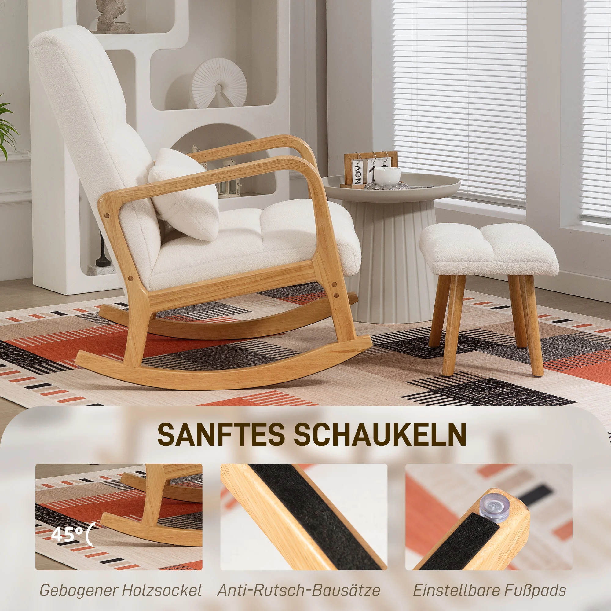 HOMCOM Schommelstoel met Voetensteun, Fleece-Bekleding, Hoge Rugleuning, Houten Poten, Voetpads, Wit