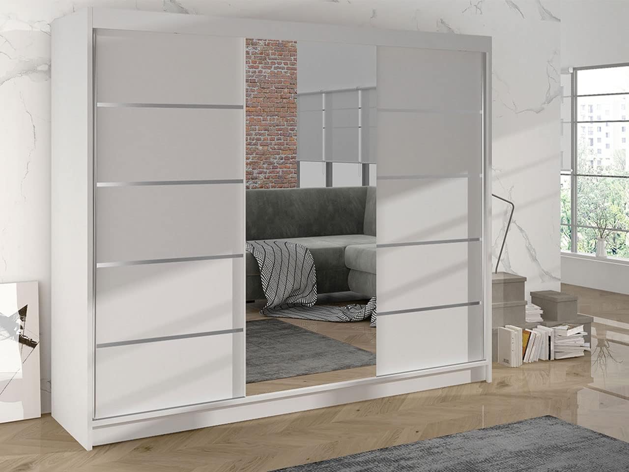 Mirjan24 Kleiderschrank Dotan VI mit Spiegel, Kleiderstange und Fächer, Schlafzimmerschrank, Schwebetürenschrank, Dielenschrank, Garderobenschrank (Weiß/Weiß)