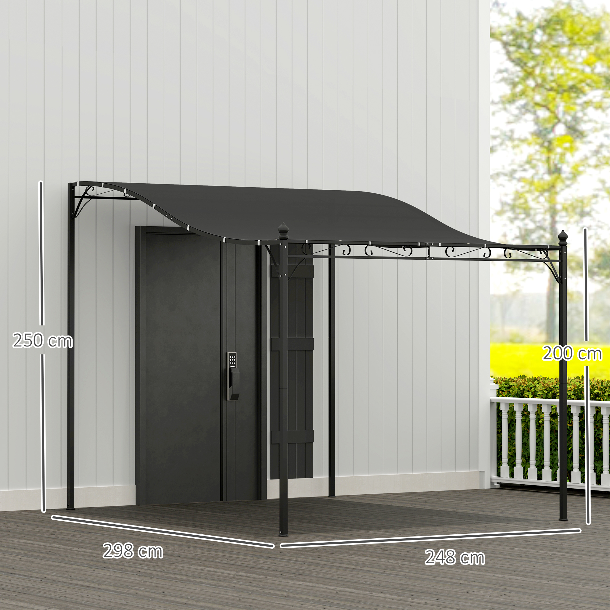 2,5 x 3 m Pergola, Wandgemonteerde Tuin Luifel, Waterbestendig, Metalen Frame, Afvoergaten, Schaduwdak, Donkergrijs
