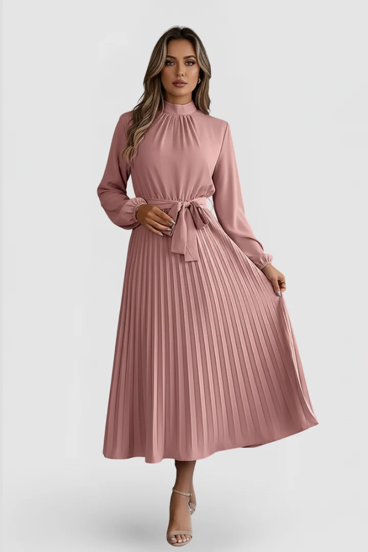 Plissee-Kleid f��r Damen mit Langarm und Bindeg��rtel | Elegantes Midikleid hochgeschlossen mit gerafftem Ausschnitt