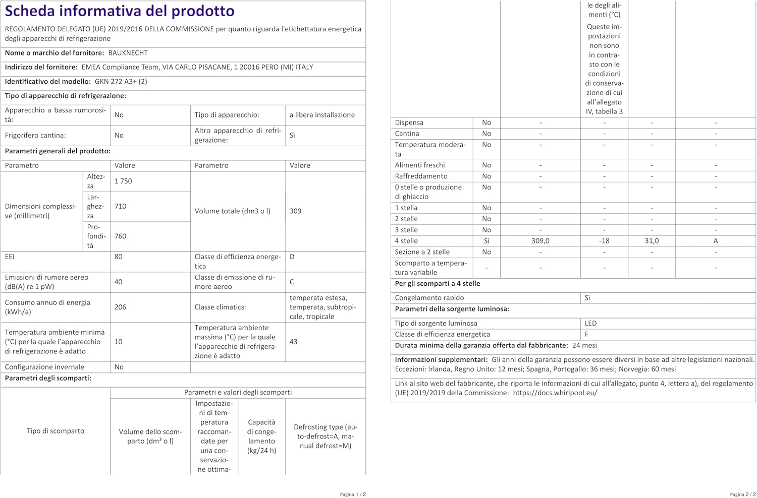 Bauknecht GKN 272 A3+ Gefrierschrank / 309 L Gesamtnutzinhalt / NoFrost / EasyOpen Ventil / Innenbeleuchtung / Elektronische Steuerung mit innenliegendem Bedienfeld, Weiß