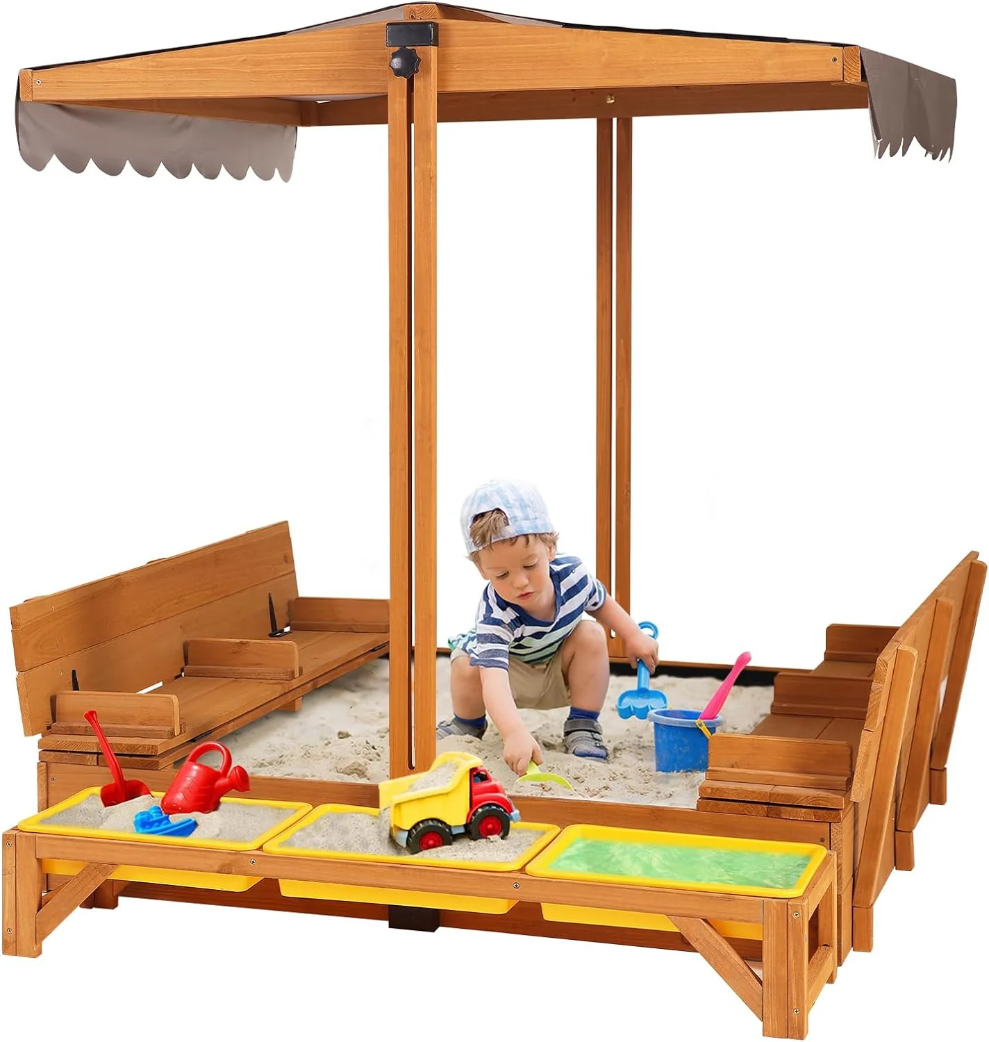 Kids Wooden Outdoor Sandbox w/Canopy. 2 Foldable Bench Seats. Retractable Roof Sand Protection Liner 47x47-Inch