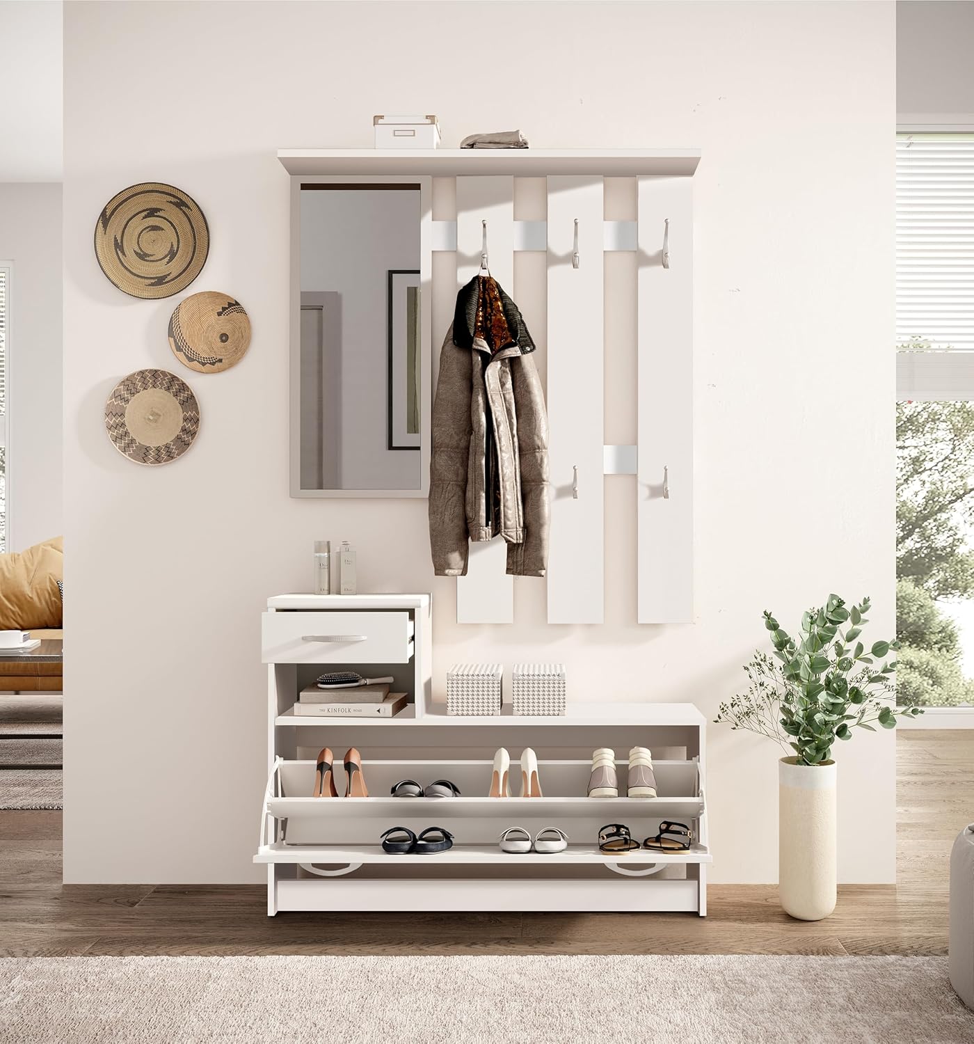 Vera Garderobe mit Spiegel weiß matt - Kompaktgarderobe, Dielenschrank, Flurschrank - 100 x 190 x 26 cm (B/H/T)