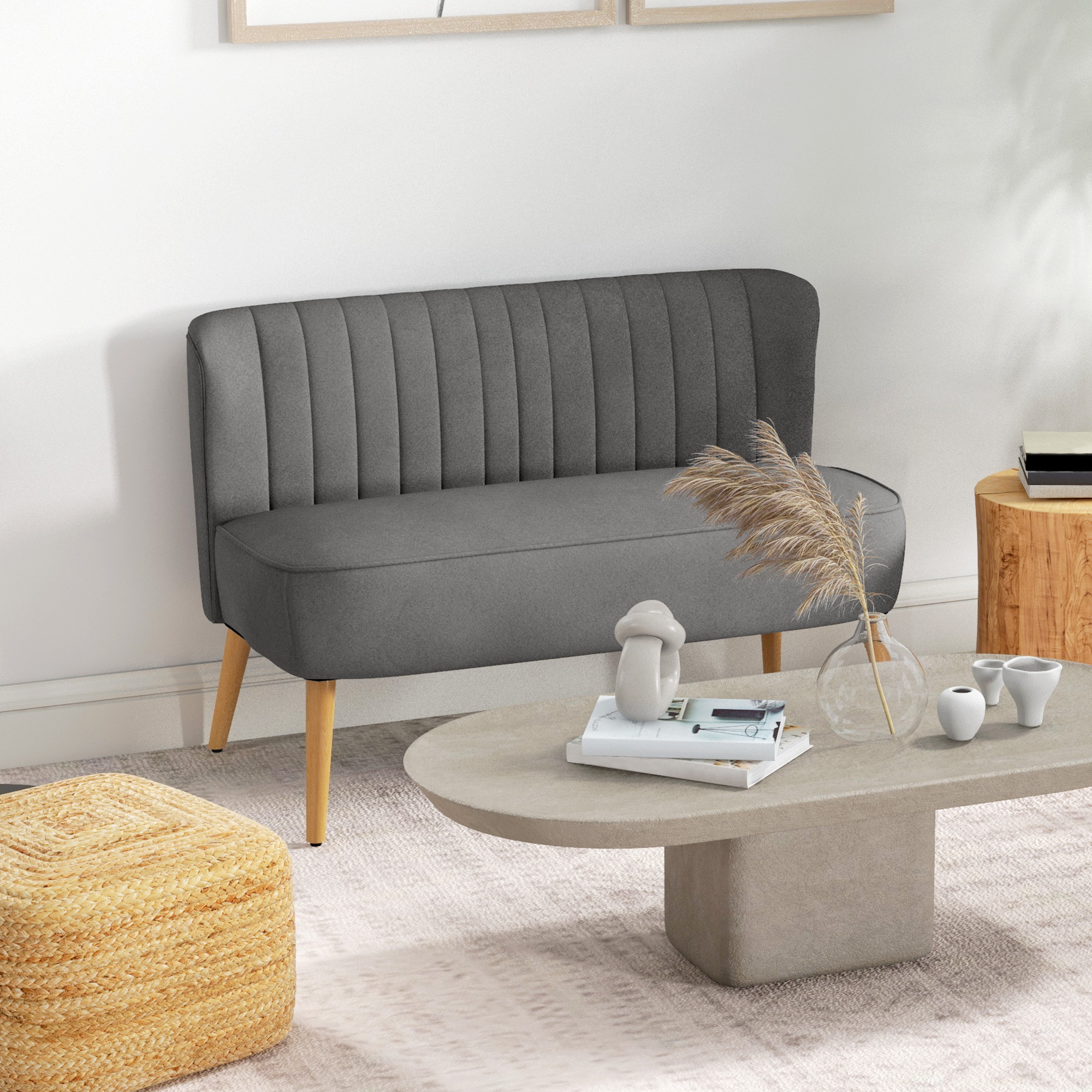 Sofa Retrodesign 2-zitsbank, houten poten, 117 cm x 56,5 cm x 77 cm, Donkergrijs