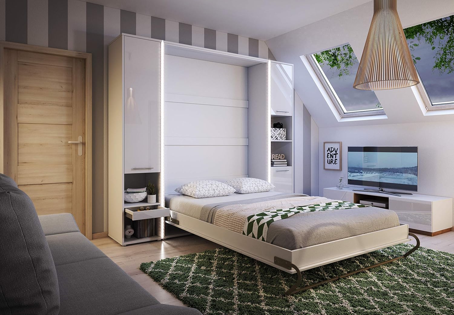 BIM Furniture Wandbett Vertical Schrankbett LENART Concept PRO Wandklappbett, Schrankklappbett Wandbett, Schrank mit integriertem Klappbett, Funktionsbett (Weiß Matt, 90 x 200 cm)
