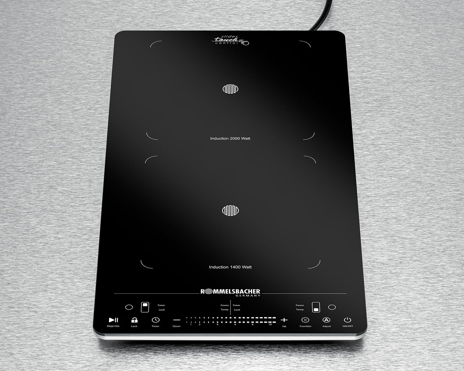 ROMMELSBACHER Doppelkochplatte CT 3430/IN, Induktion, vertikale Bauform, platzsparend, 2 Heizzonen, 10 Leistungssturen, 10 Temperaturstufen, Timer, Slider Touch & Touch Control