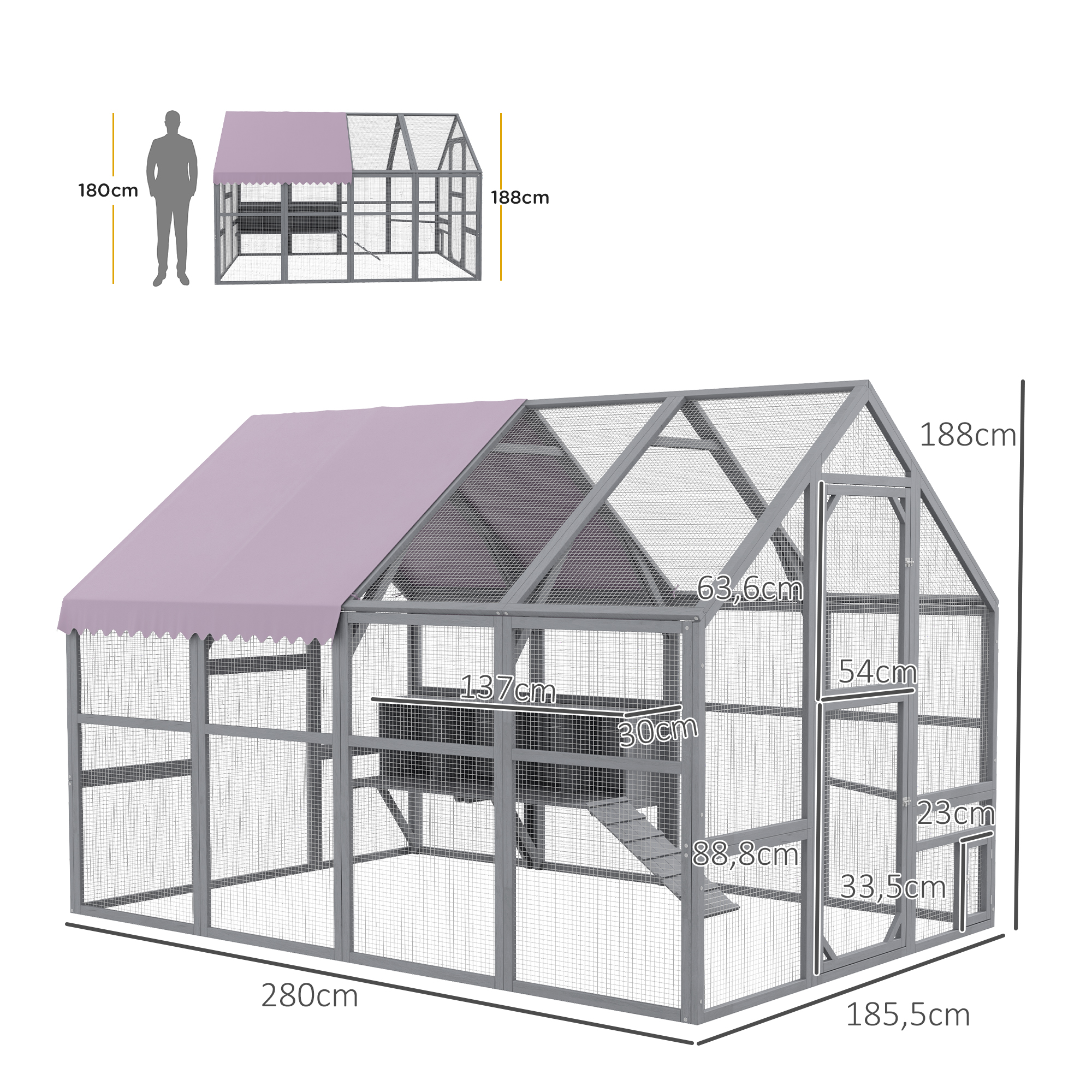 PawHut Kippenren Kippenhok Kippenhuis, toegankelijk, weerbestendig, 280 x 185,5 x 188 cm, Grijs