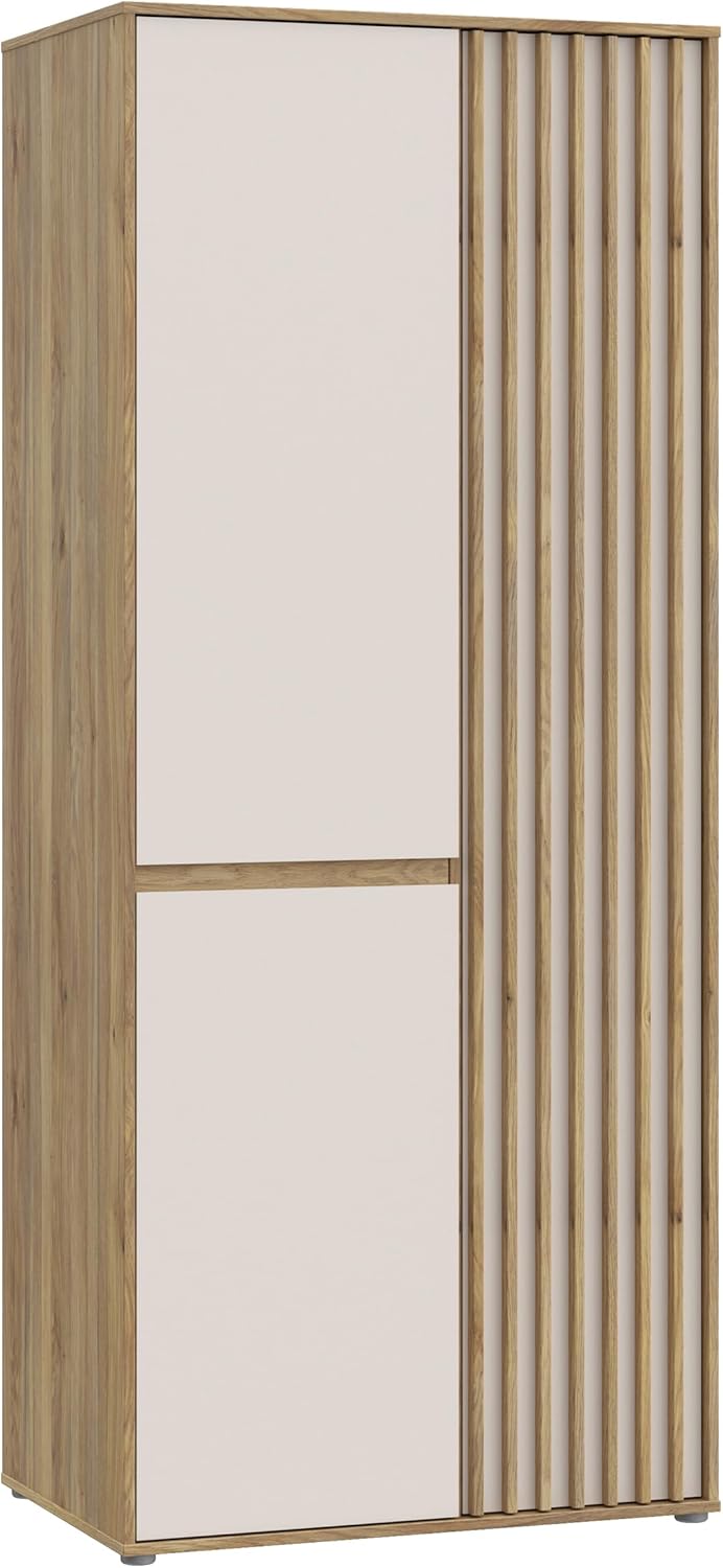 Forte ELISTON Kleiderschrank 80 90, moderner Kleiderschrank mit Lamellendesign, 2-türig, Holzwerkstoff, Schlafzimmer, Mauvella Eiche Holzdekor|Kashmir Beige, 84 cm breit x 200,1 cm hoch x 54 cm tief