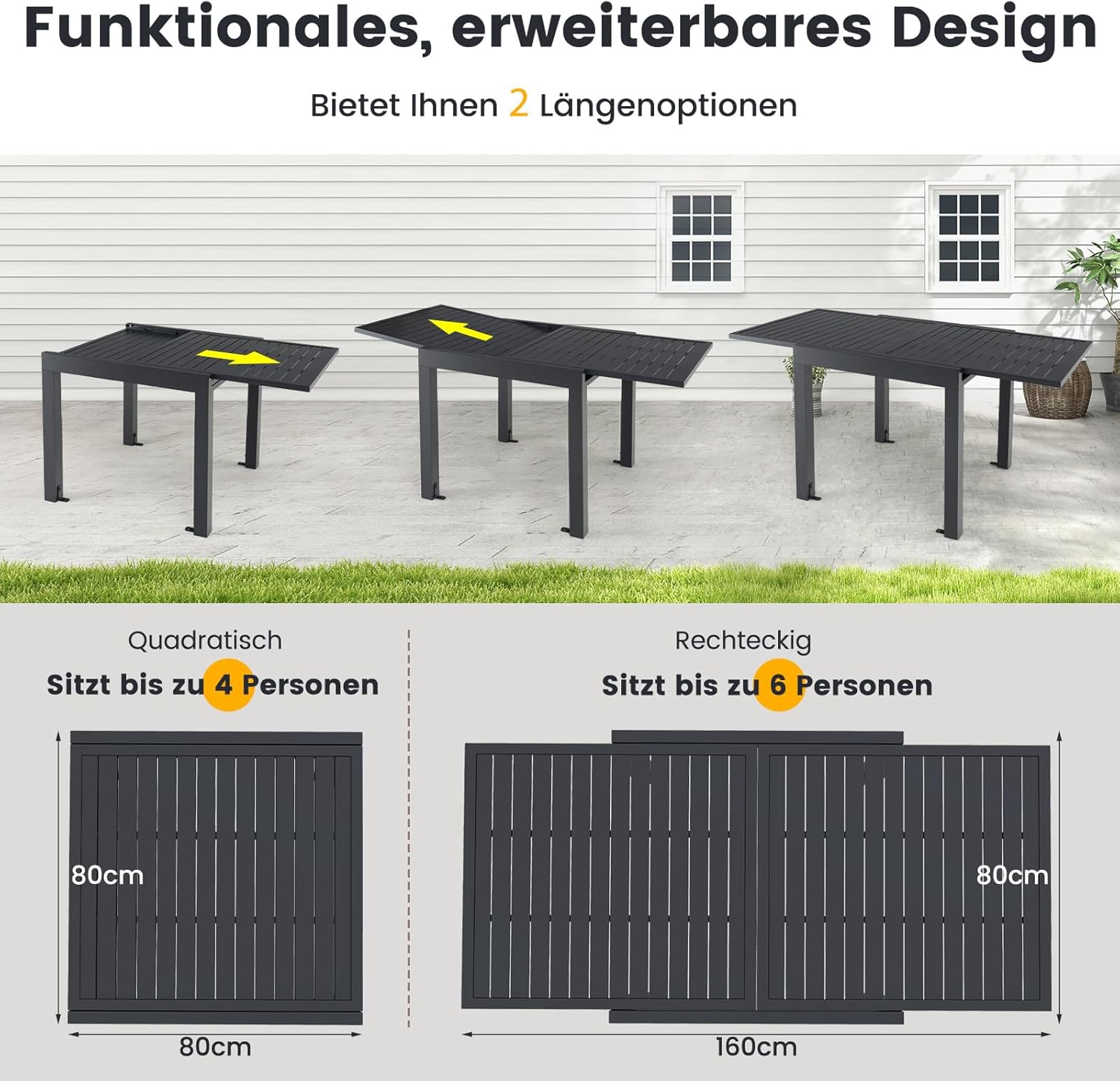 COSTWAY Gartentisch Aluminium ausziehbar, 80/160x80cm, Esstisch wetterfest, rechteckiger Terrassentisch mit Lattentischplatte für 4-6 Personen, Ausziehtisch für Garten, Terrasse